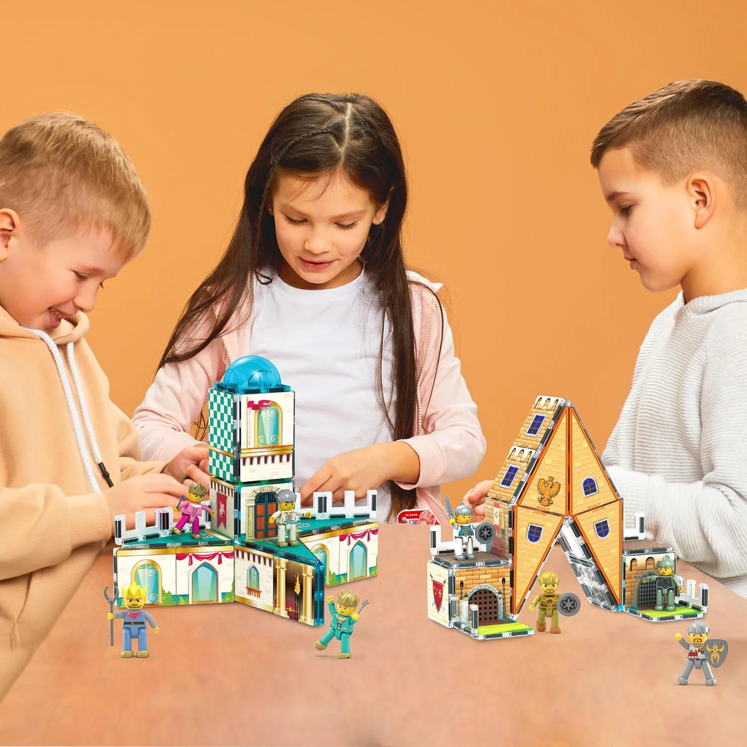 PicassoTiles 70pc Middle Age Medieval and Castle Theme Tile 2in1 8 Character Action Figures Magnet Tiles Building Block Pretend Magnetic Play Fine Motor Skill STEM Educational Construction Age3  PTQ01
