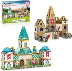 PicassoTiles 70pc Middle Age Medieval and Castle Theme Tile 2in1 8 Character Action Figures Magnet Tiles Building Block Pretend Magnetic Play Fine Motor Skill STEM Educational Construction Age3  PTQ01