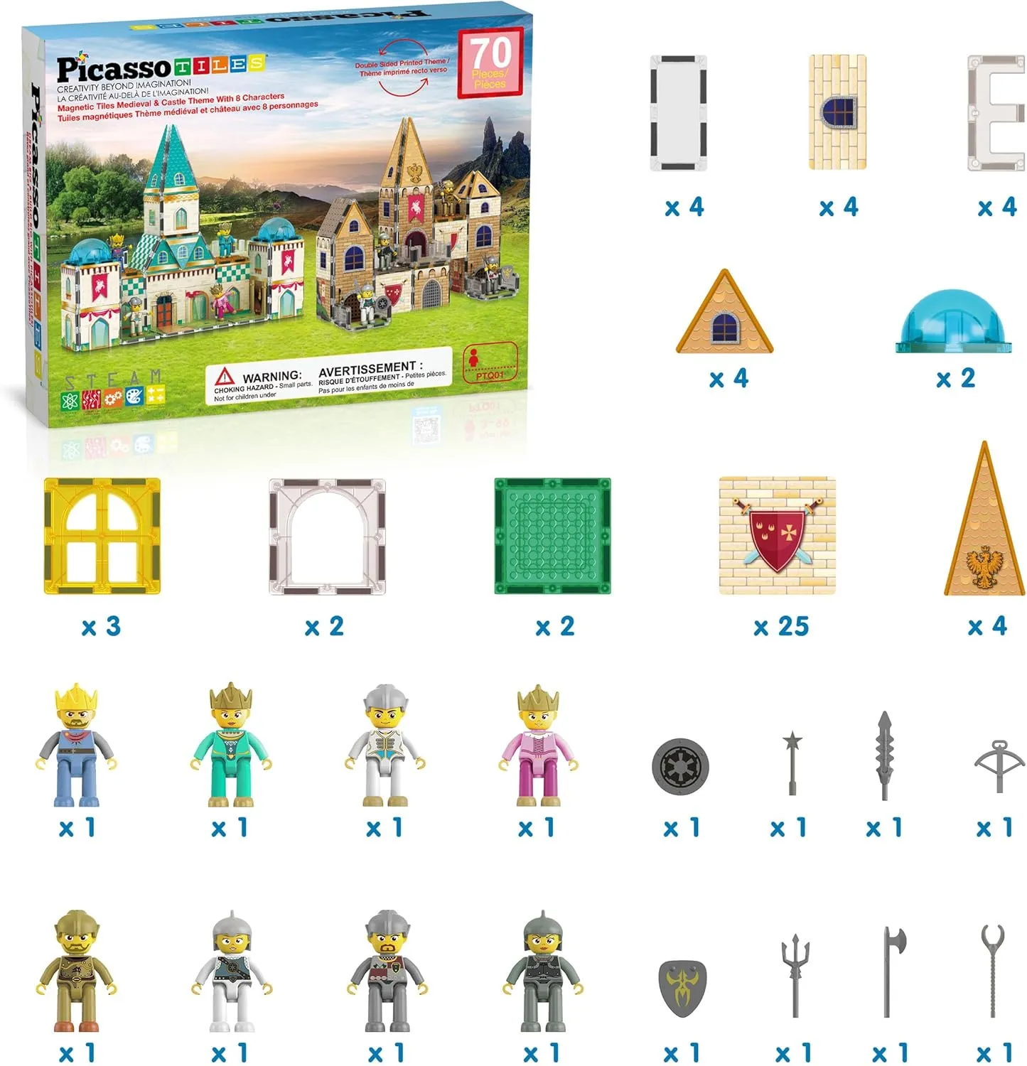 PicassoTiles 70pc Middle Age Medieval and Castle Theme Tile 2in1 8 Character Action Figures Magnet Tiles Building Block Pretend Magnetic Play Fine Motor Skill STEM Educational Construction Age3  PTQ01