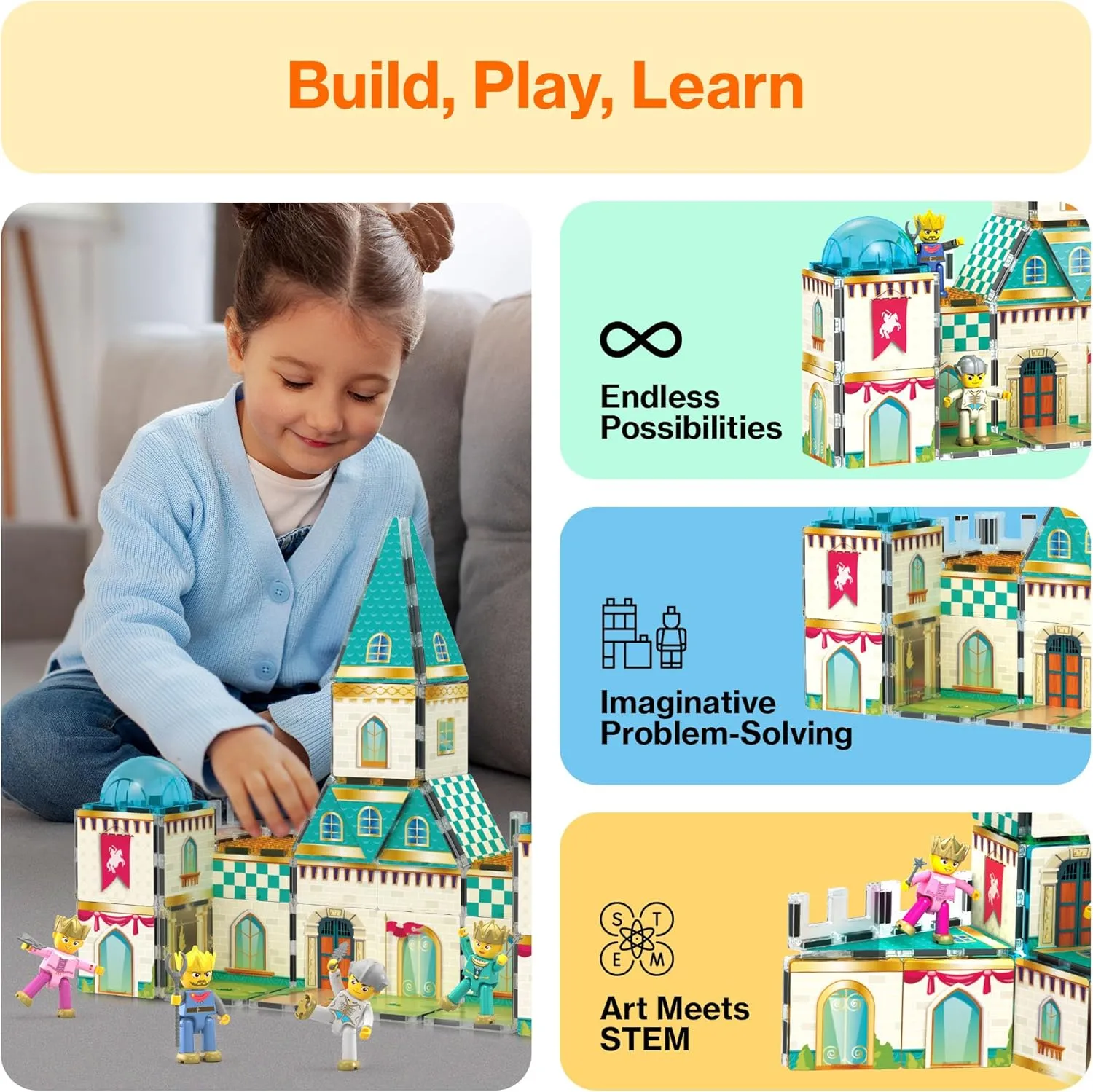 PicassoTiles 70pc Middle Age Medieval and Castle Theme Tile 2in1 8 Character Action Figures Magnet Tiles Building Block Pretend Magnetic Play Fine Motor Skill STEM Educational Construction Age3  PTQ01