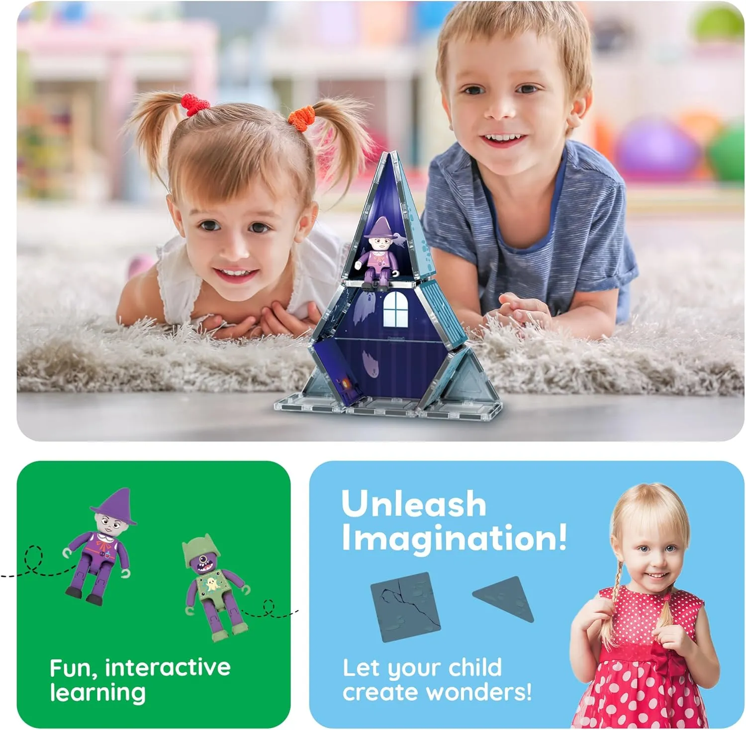 PicassoTiles Haunted House Theme Magnet Tile Building Blocks 8 Action Figures Magnetic Construction Toy Double Sided Printing Education STEM Learning Playset Halloween Adventure Kid Ages 3  PTQ03