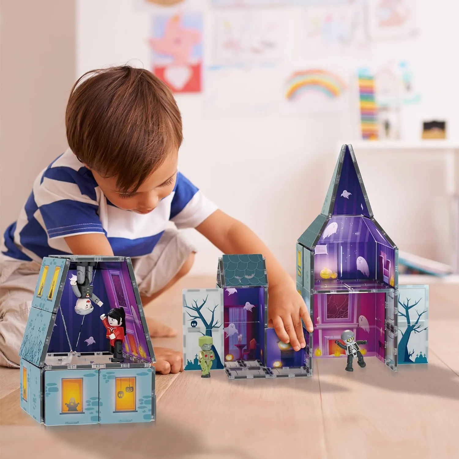 PicassoTiles Haunted House Theme Magnet Tile Building Blocks 8 Action Figures Magnetic Construction Toy Double Sided Printing Education STEM Learning Playset Halloween Adventure Kid Ages 3  PTQ03