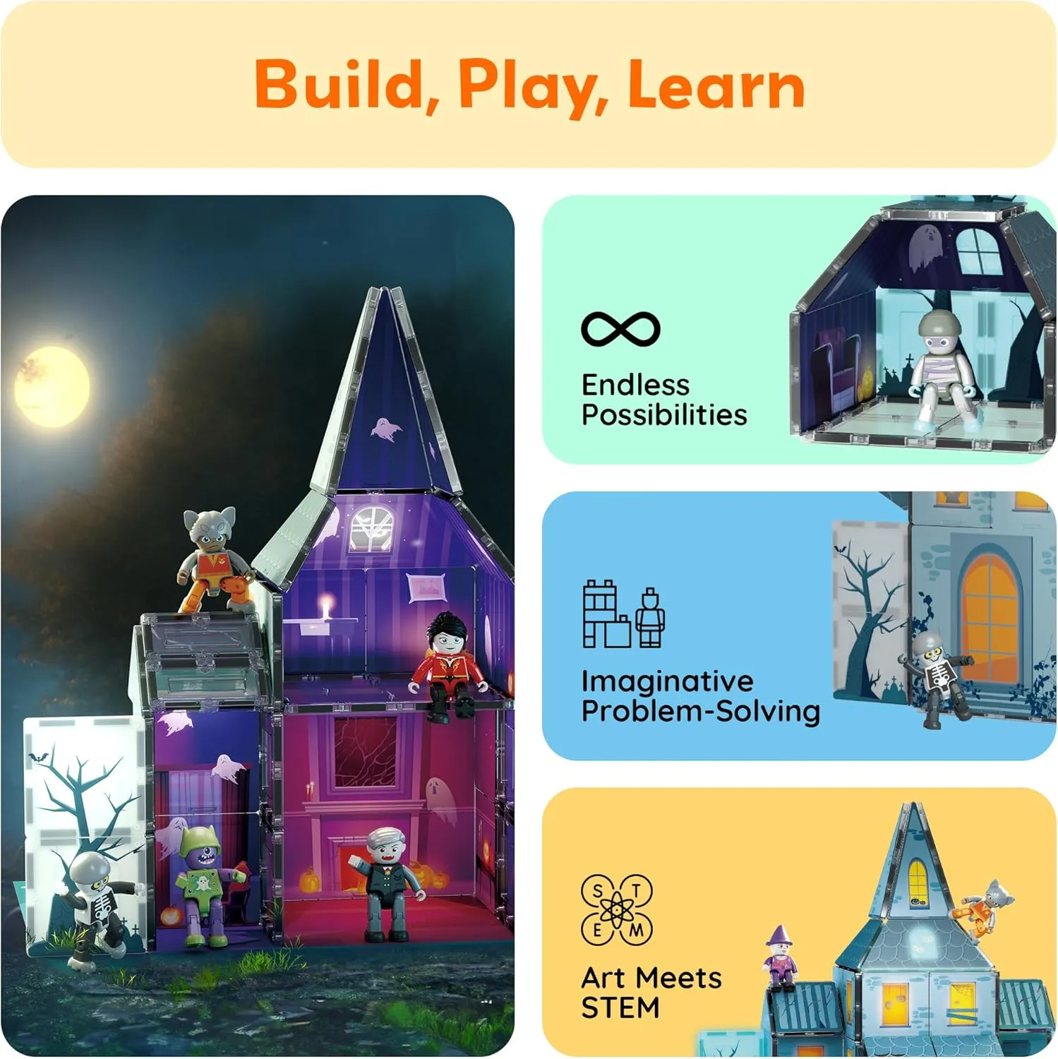 PicassoTiles Haunted House Theme Magnet Tile Building Blocks 8 Action Figures Magnetic Construction Toy Double Sided Printing Education STEM Learning Playset Halloween Adventure Kid Ages 3  PTQ03