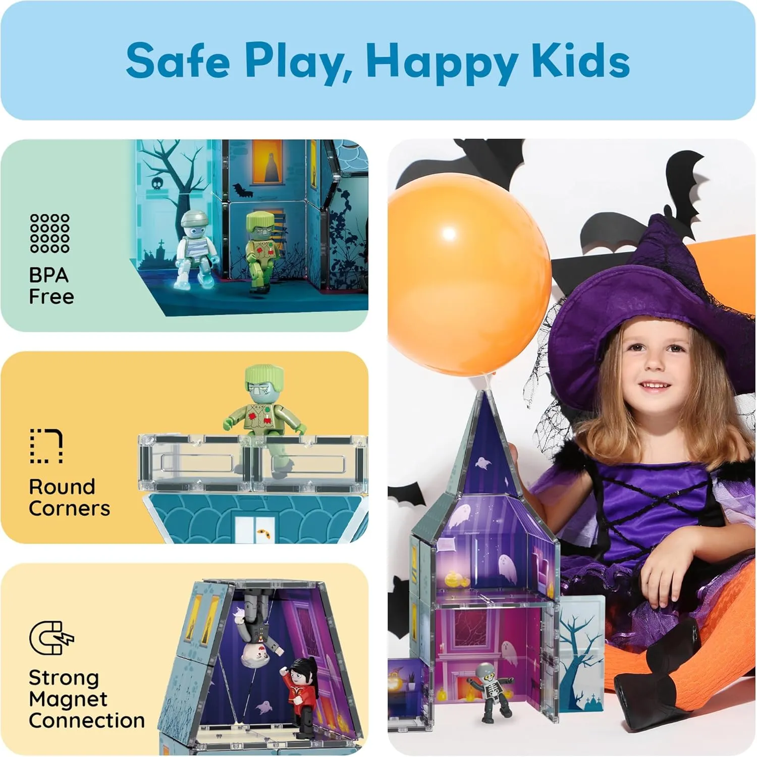 PicassoTiles Haunted House Theme Magnet Tile Building Blocks 8 Action Figures Magnetic Construction Toy Double Sided Printing Education STEM Learning Playset Halloween Adventure Kid Ages 3  PTQ03