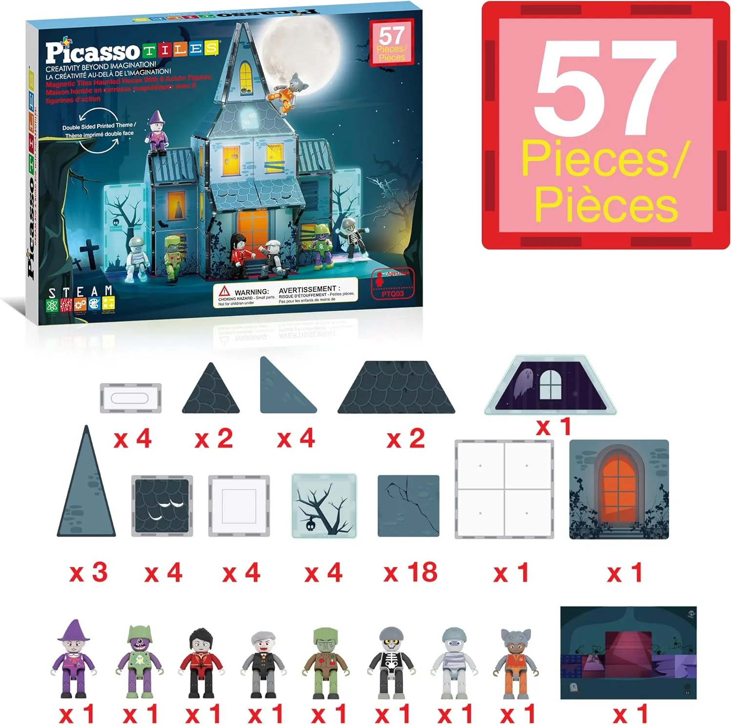 PicassoTiles Haunted House Theme Magnet Tile Building Blocks 8 Action Figures Magnetic Construction Toy Double Sided Printing Education STEM Learning Playset Halloween Adventure Kid Ages 3  PTQ03