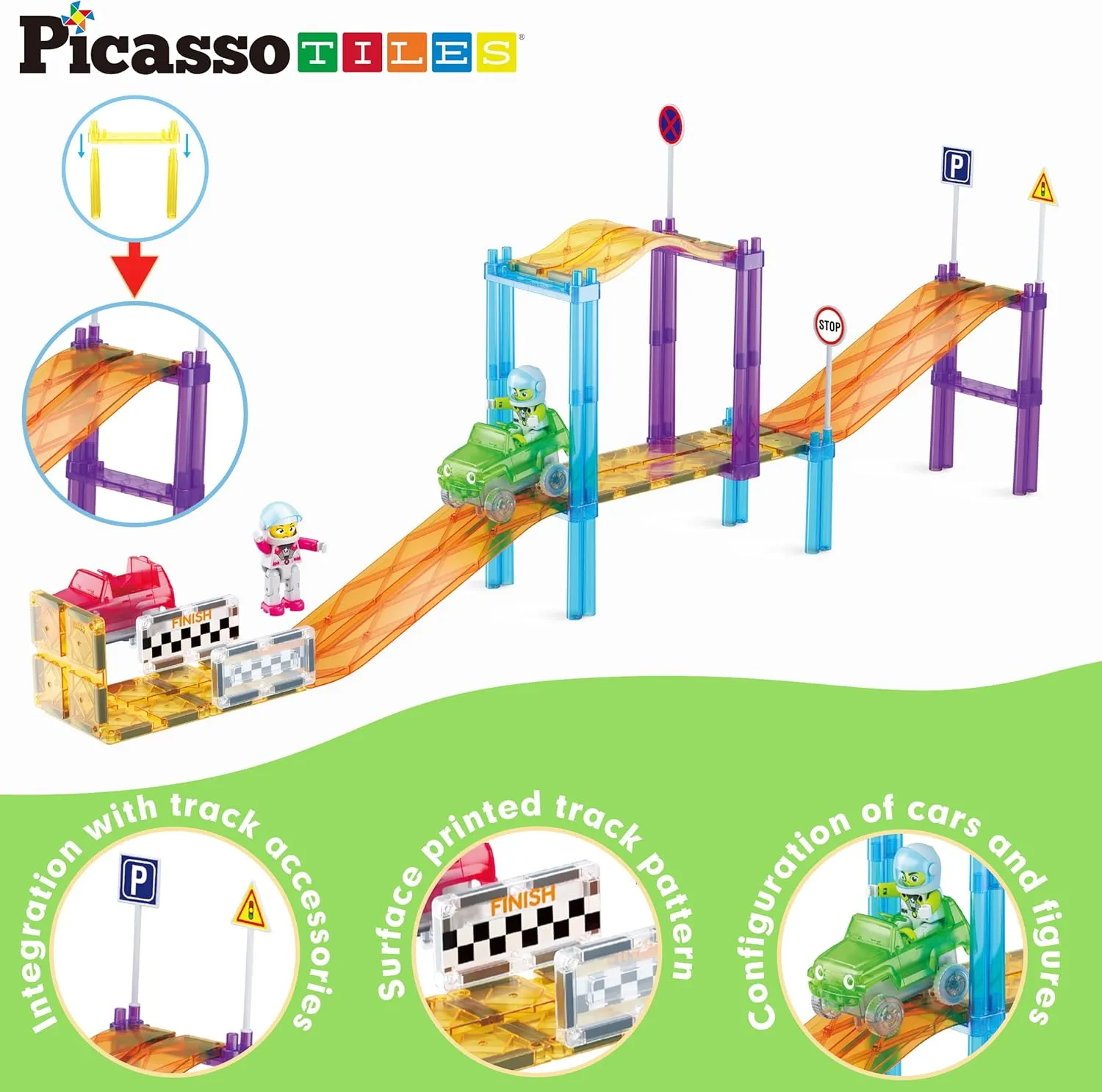 PicassoTiles Magnetic Race Track Car Slide Magnet Building Blocks Tiles Sensory Toys for Kids Toddlers Include Trucks Character Action Figures STEM Learning Kit Races School Age 3  year Old Boys Girls