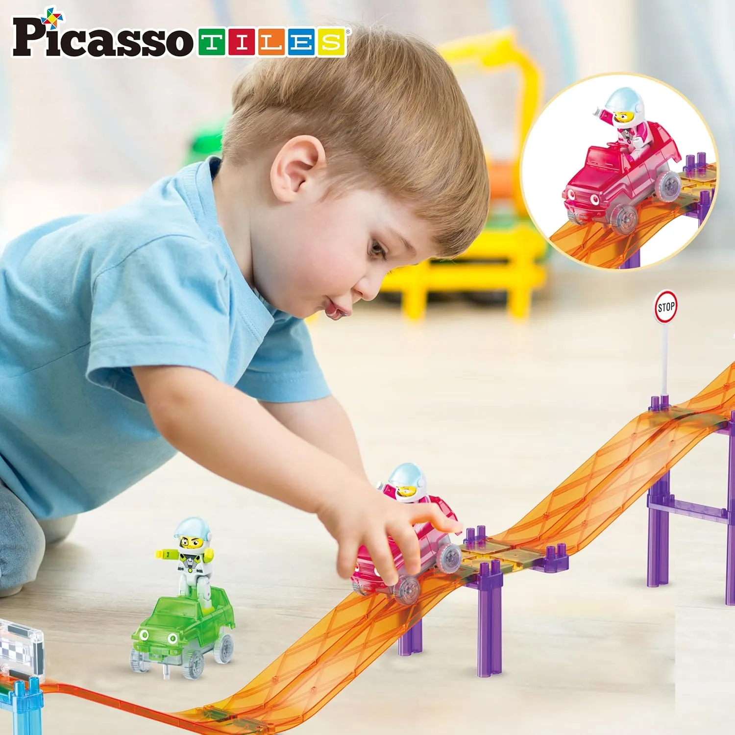 PicassoTiles Magnetic Race Track Car Slide Magnet Building Blocks Tiles Sensory Toys for Kids Toddlers Include Trucks Character Action Figures STEM Learning Kit Races School Age 3  year Old Boys Girls