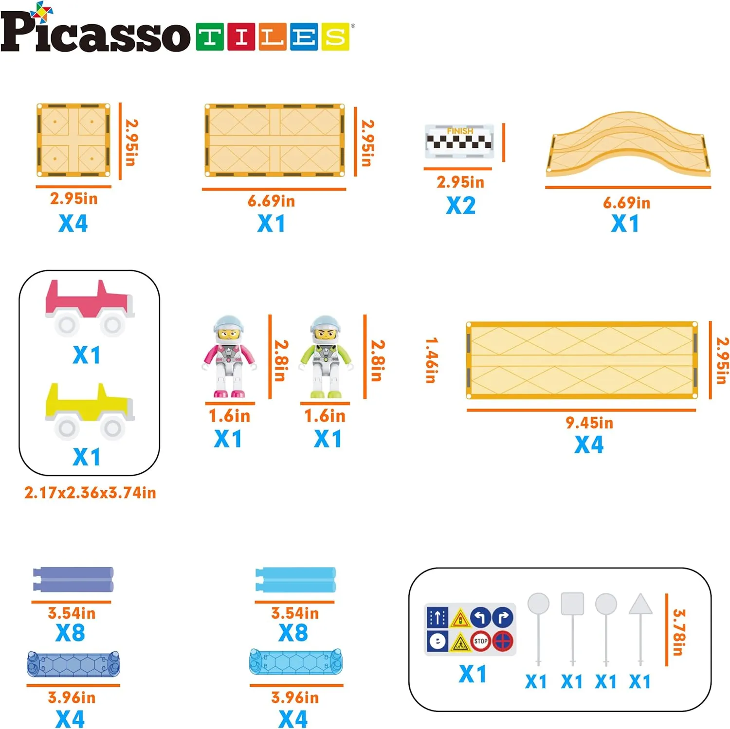 PicassoTiles Magnetic Race Track Car Slide Magnet Building Blocks Tiles Sensory Toys for Kids Toddlers Include Trucks Character Action Figures STEM Learning Kit Races School Age 3  year Old Boys Girls