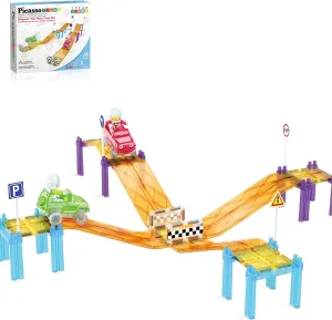 PicassoTiles Magnetic Race Track Car Slide Magnet Building Blocks Tiles Sensory Toys for Kids Toddlers Include Trucks Character Action Figures STEM Learning Kit Races School Age 3  year Old Boys Girls