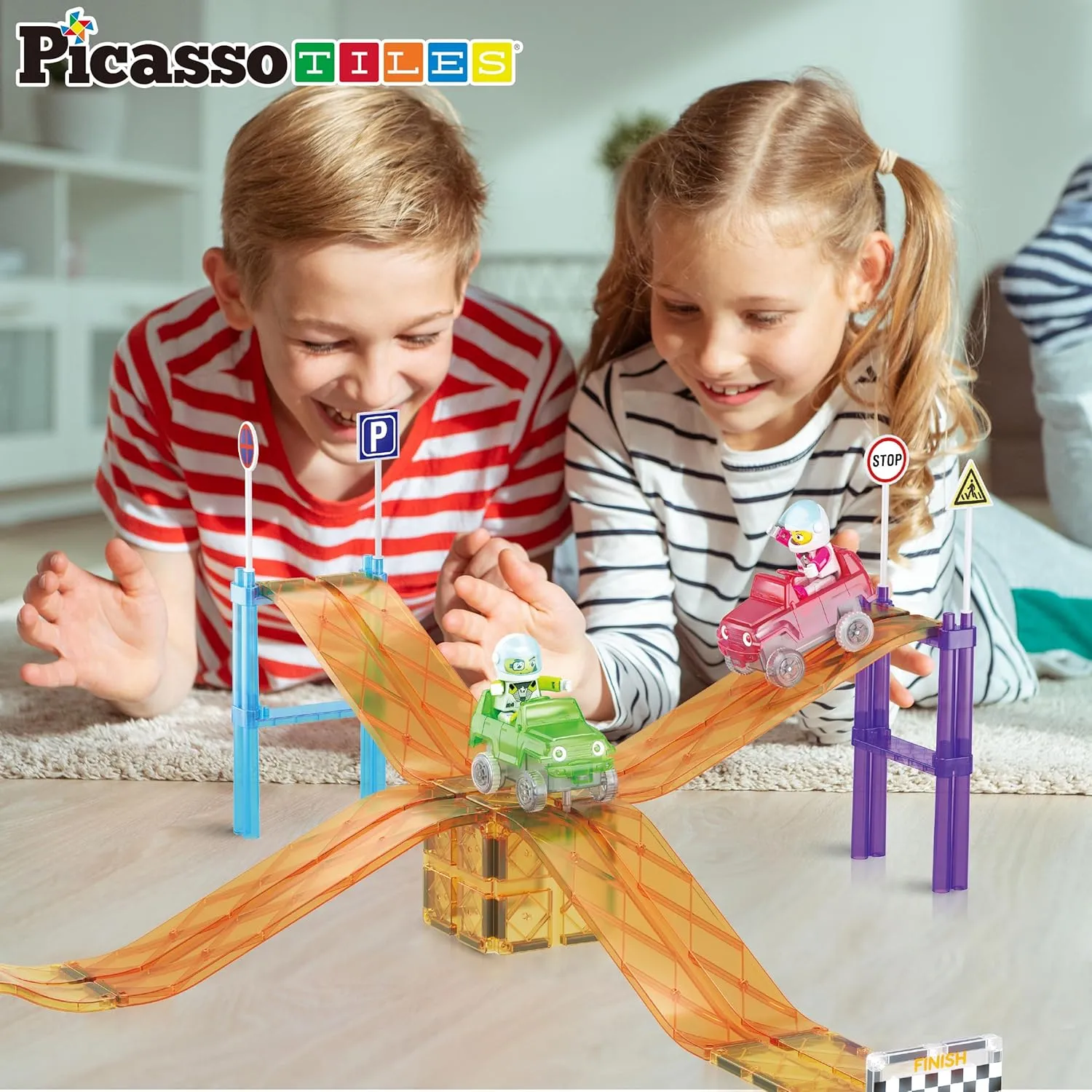 PicassoTiles Magnetic Race Track Car Slide Magnet Building Blocks Tiles Sensory Toys for Kids Toddlers Include Trucks Character Action Figures STEM Learning Kit Races School Age 3  year Old Boys Girls