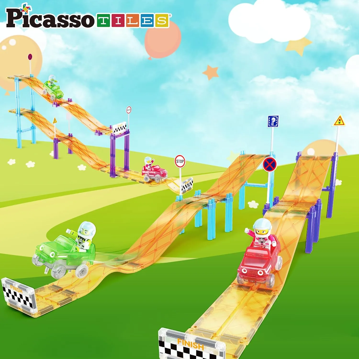 PicassoTiles Magnetic Race Track Car Slide Magnet Building Blocks Tiles Sensory Toys for Kids Toddlers Include Trucks Character Action Figures STEM Learning Kit Races School Age 3  year Old Boys Girls