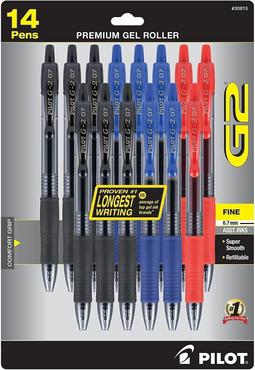 Pilot, G2 Premium Gel Roller Pens, Fine Point 0.7 mm, Blue, Black, Red, Pack of 14