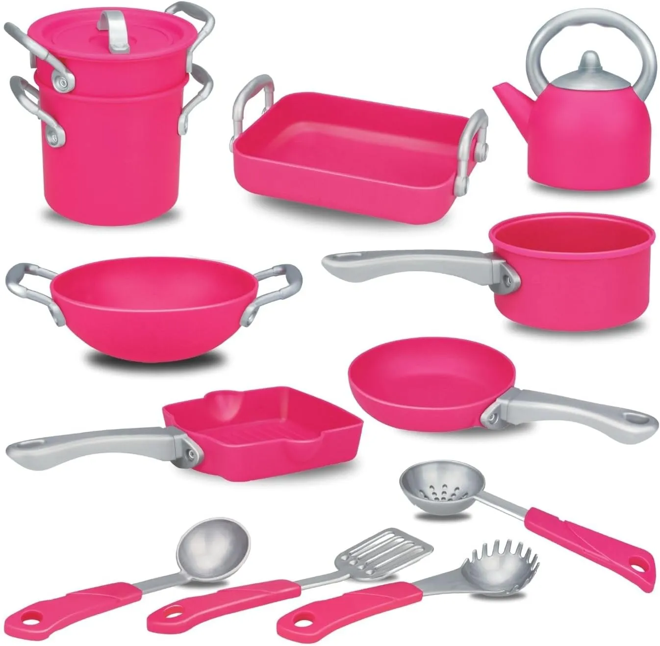 Pink Play Kitchen Cookware Toys Pots and Pans Cooking Utensils Accessories Pretend Playset for Toddlers, Kids, Girls (13 Pcs)