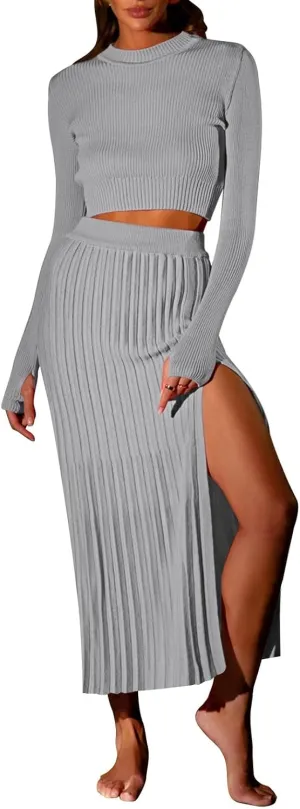 Pink Queen Women's 2 Piece Sweater Outfits Set Long Sleeve Crop Top Ribbed Split Bodycon Midi Long Skirt Knit Dresses