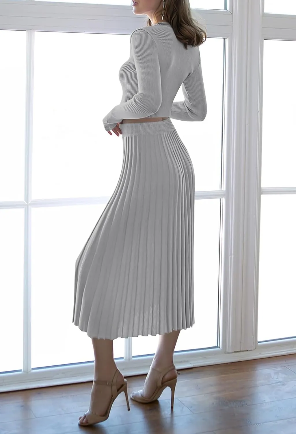 Pink Queen Women's 2 Piece Sweater Outfits Set Long Sleeve Crop Top Ribbed Split Bodycon Midi Long Skirt Knit Dresses
