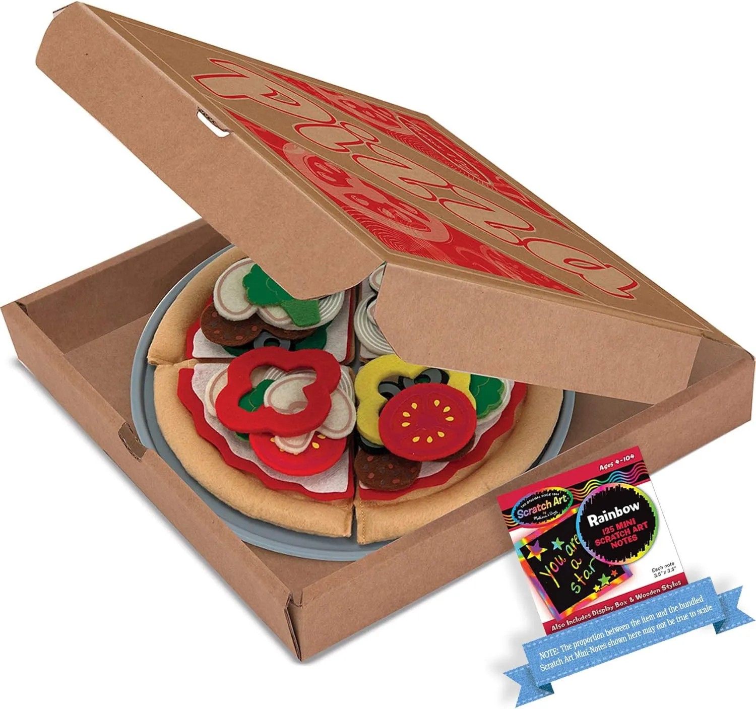 Pizza: Felt Play Food Set & 1 Me l i ssa & Doug Scratch Art Mini-Pad Bundle (03974)