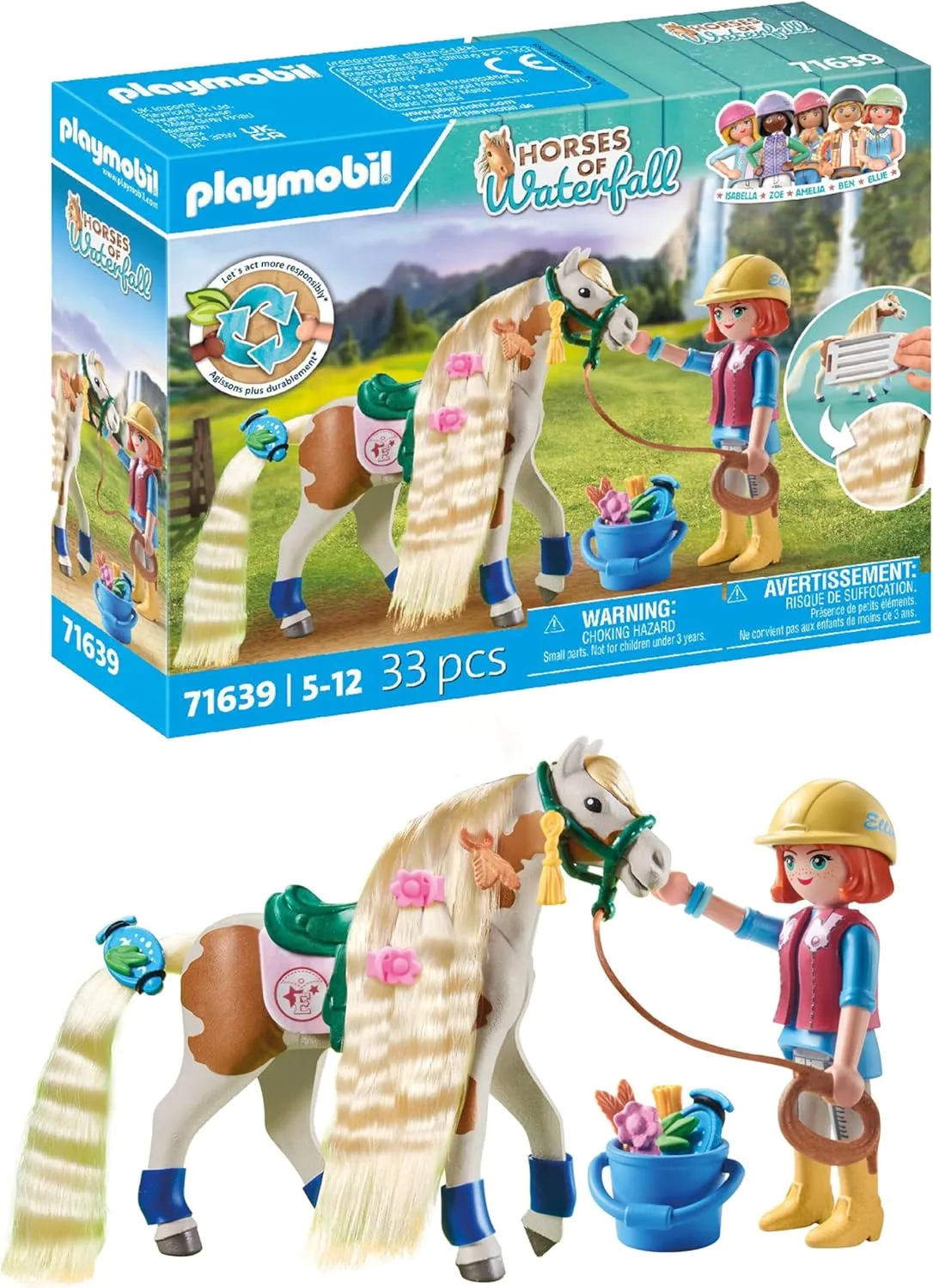 PLAYMOBIL Horses of Waterfall 71639 Ellie & Horse with Crepe Iron, Includes Hair Accessories for Creative Hairstyles and Two Real Silicone Bracelets, Sustainable Toy for Children from 5 Years