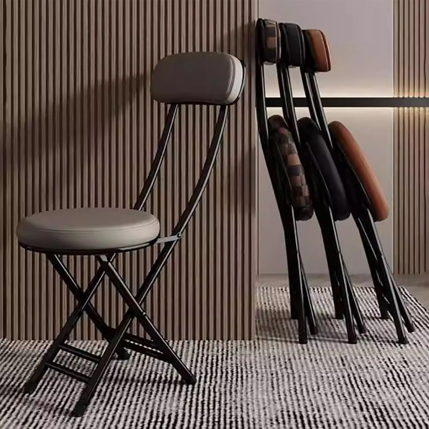 Portable Folding Chairs, Foldable Bar Stool, Folding Chair with Cushioned Padded Leather, for Picnic Garden Party Outdoor(Black)