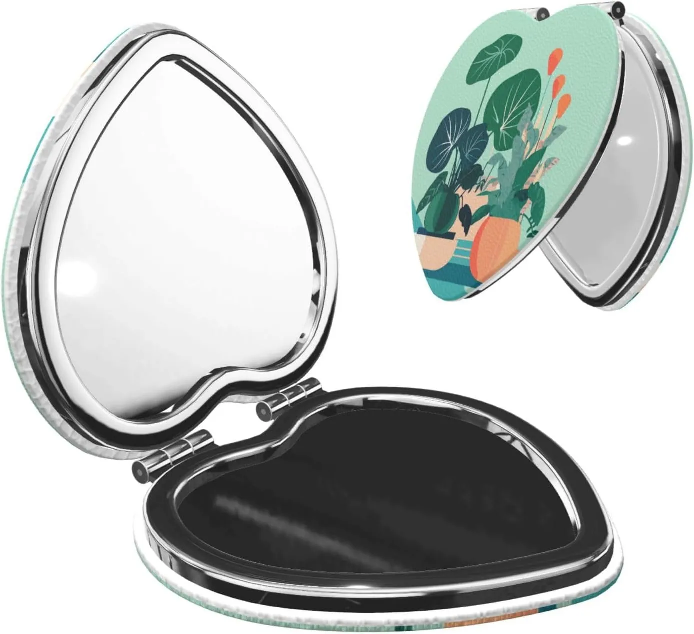Portable Pocket Makeup Mirror Indoor Cartoon Potted Green Plants Travel Cosmetic Mirror Heart Shape Print Magnifying Compact Mirror for Eyelash