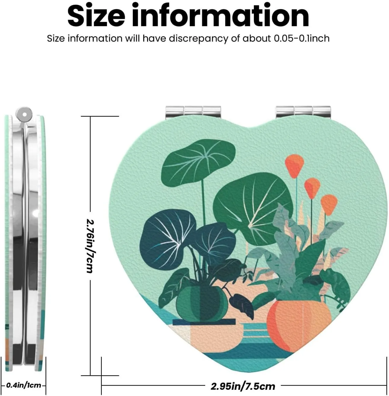 Portable Pocket Makeup Mirror Indoor Cartoon Potted Green Plants Travel Cosmetic Mirror Heart Shape Print Magnifying Compact Mirror for Eyelash