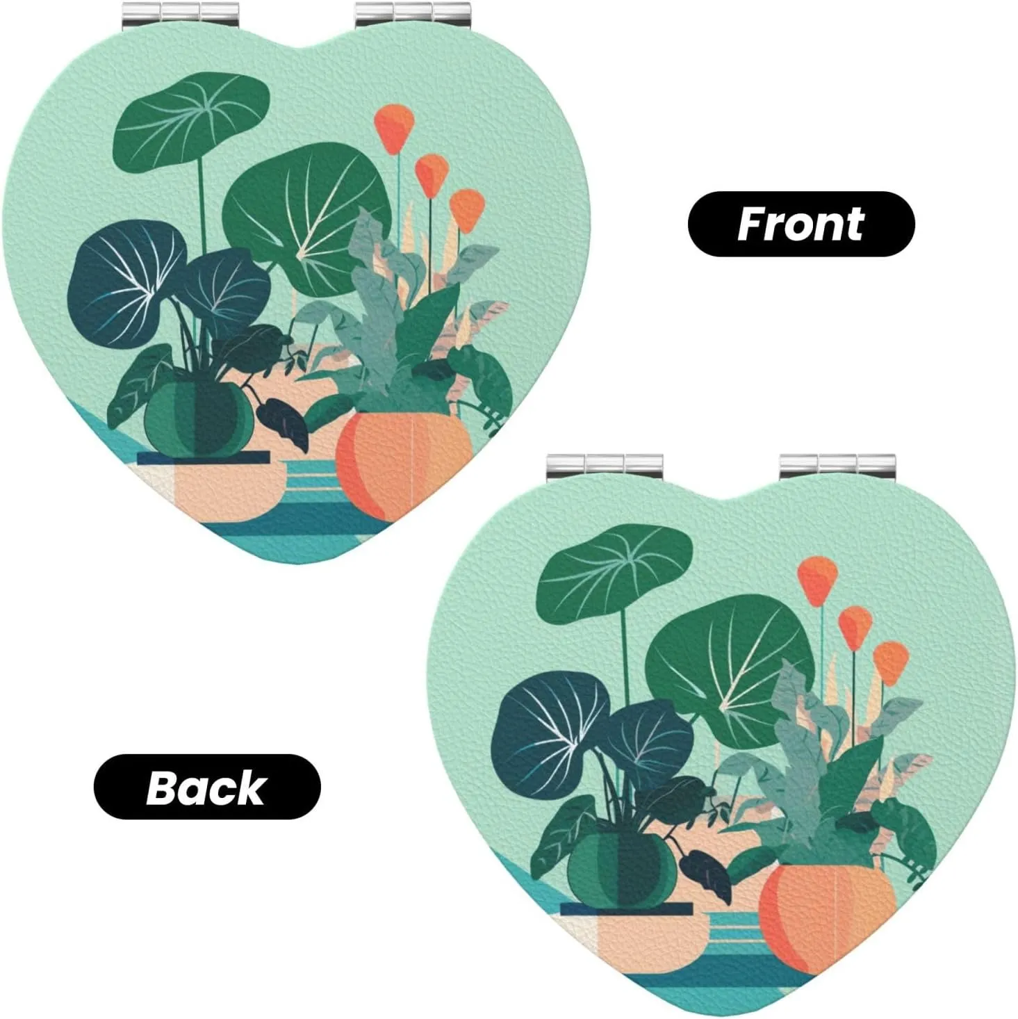 Portable Pocket Makeup Mirror Indoor Cartoon Potted Green Plants Travel Cosmetic Mirror Heart Shape Print Magnifying Compact Mirror for Eyelash