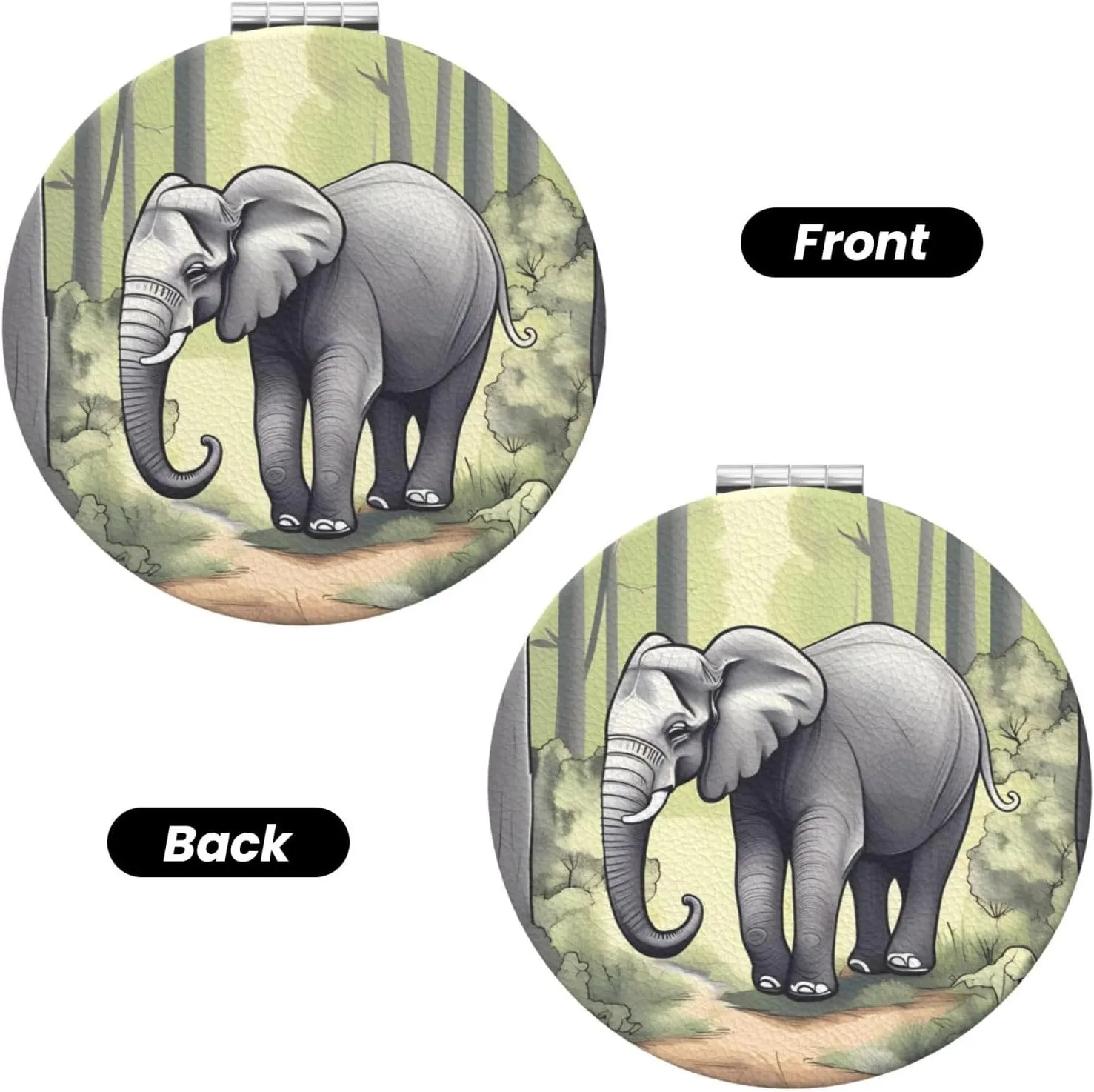 Portable Pocket Makeup Mirror Walking Elephant Travel Cosmetic Mirror Round Shape Print Magnifying Compact Mirror for Eyelash