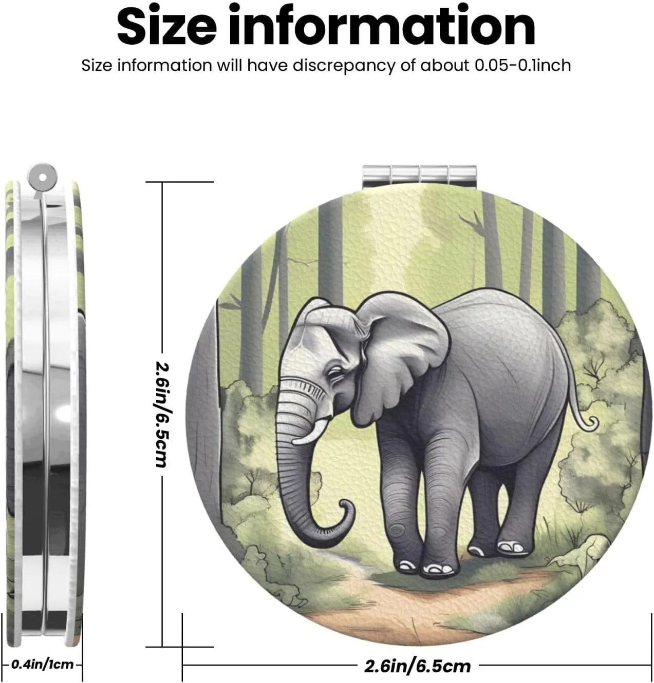 Portable Pocket Makeup Mirror Walking Elephant Travel Cosmetic Mirror Round Shape Print Magnifying Compact Mirror for Eyelash