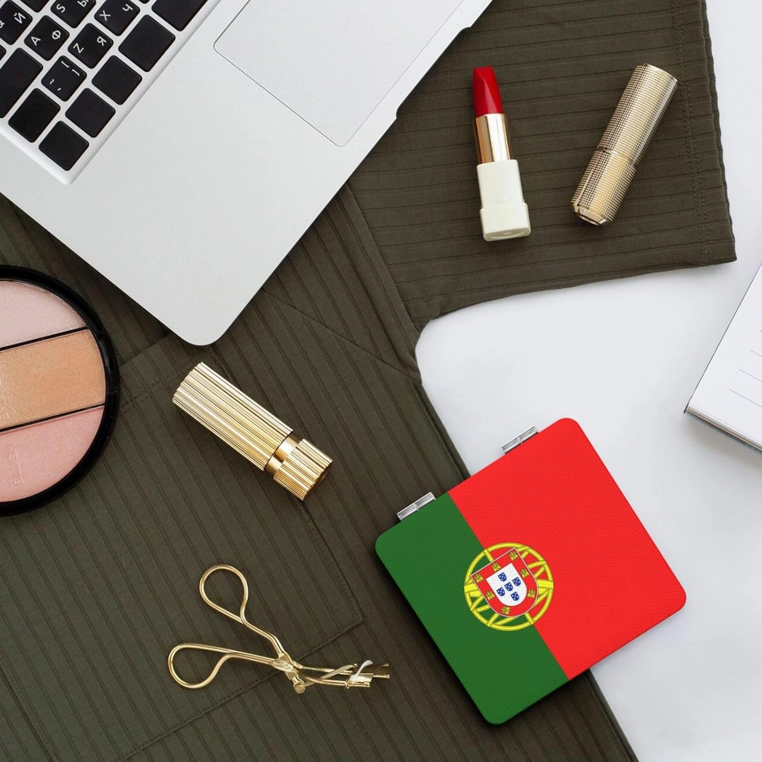 Portuguese Flag Makeup Mirror Portable Folding Mini Mirror Double Sided Travel Makeup Mirror Square Handheld Pocket Mirror