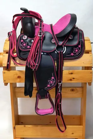 Premium Synthetic Western Saddle - 10" to 12" Inch, Durable Comfy Horse Saddle with Tack Set for Pleasure Trail Rides, Horse Riding and Racing Accessories, MO-NO-13