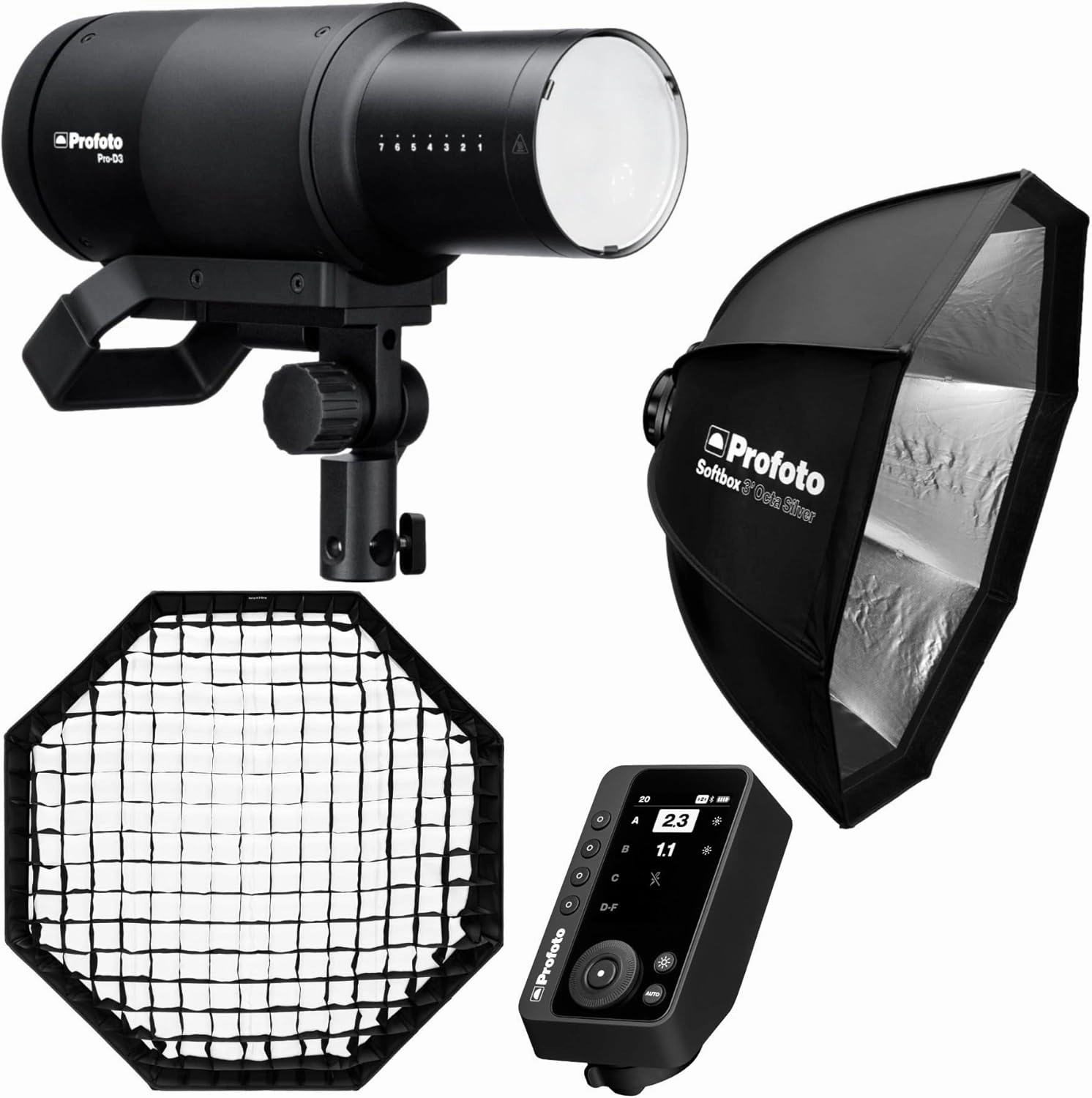 Profoto Pro-D3 1250W Industrial-Grade Monolight Bundle with Softbox 3-Feet Octa Silver, Connect Pro for Canon, and Softgrid 3-Feet Octa (4 Items)
