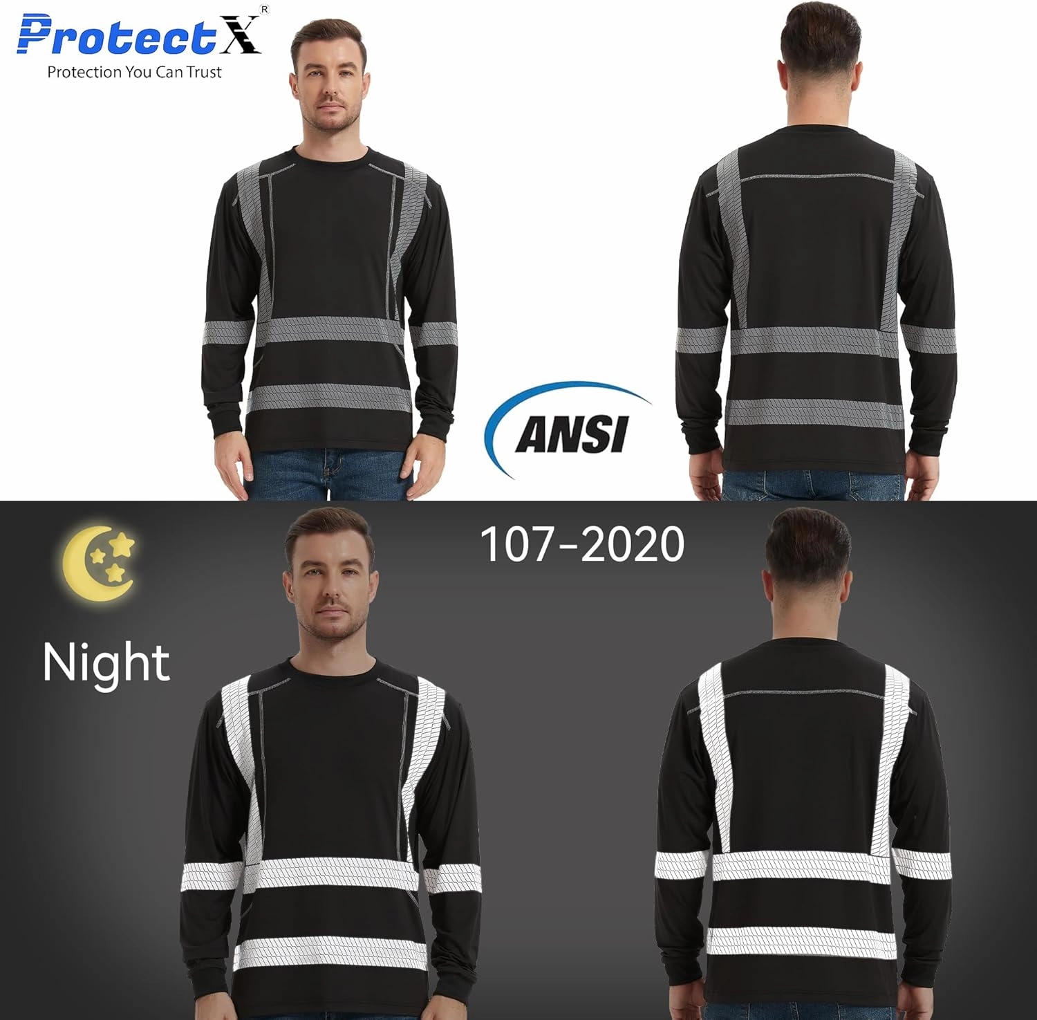 ProtectX Men's High Visibility Heavy Duty Long Sleeve Reflective Safety T-Shirts for Construction, Class 2-3 Type R