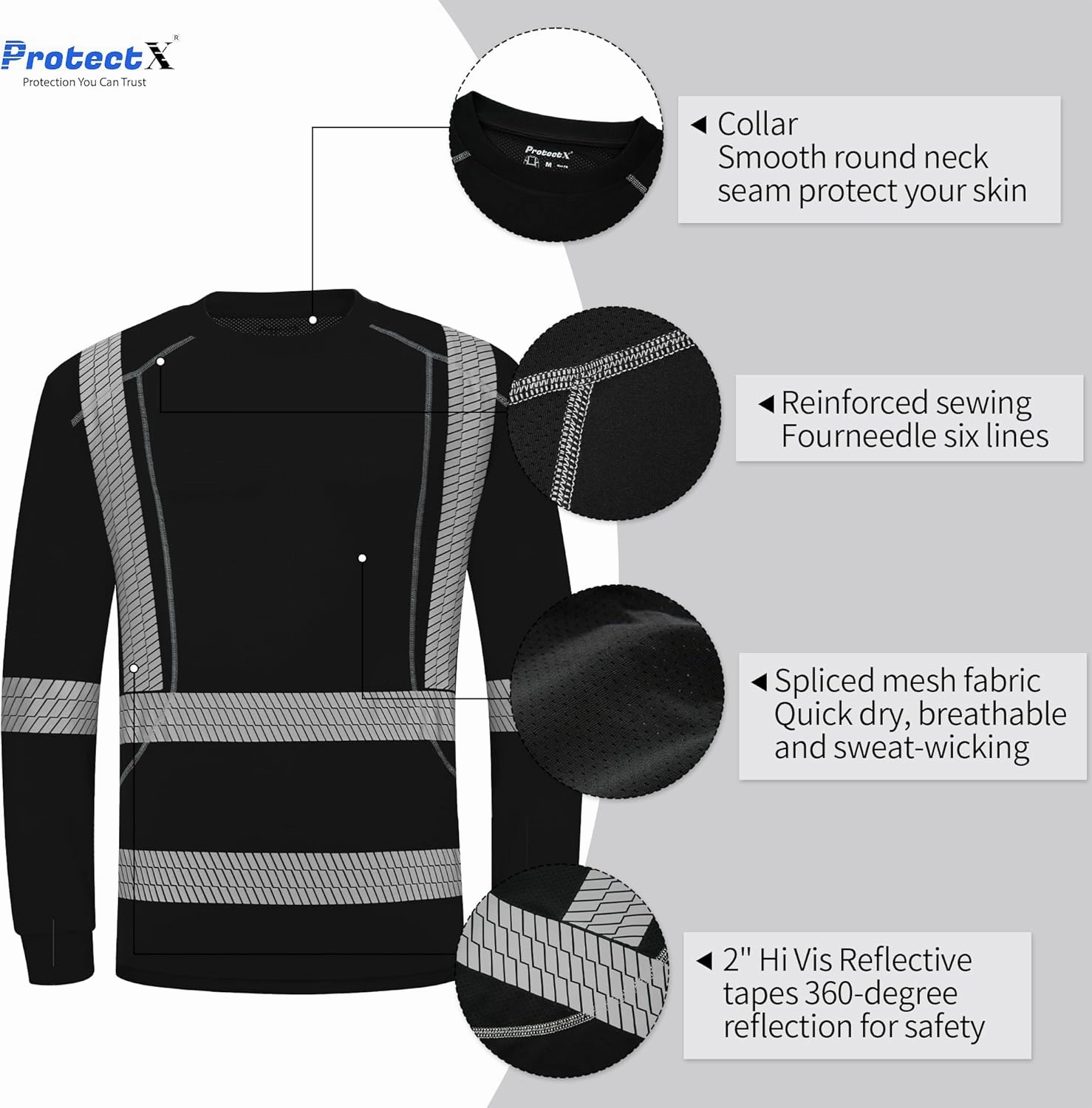 ProtectX Men's High Visibility Heavy Duty Long Sleeve Reflective Safety T-Shirts for Construction, Class 2-3 Type R