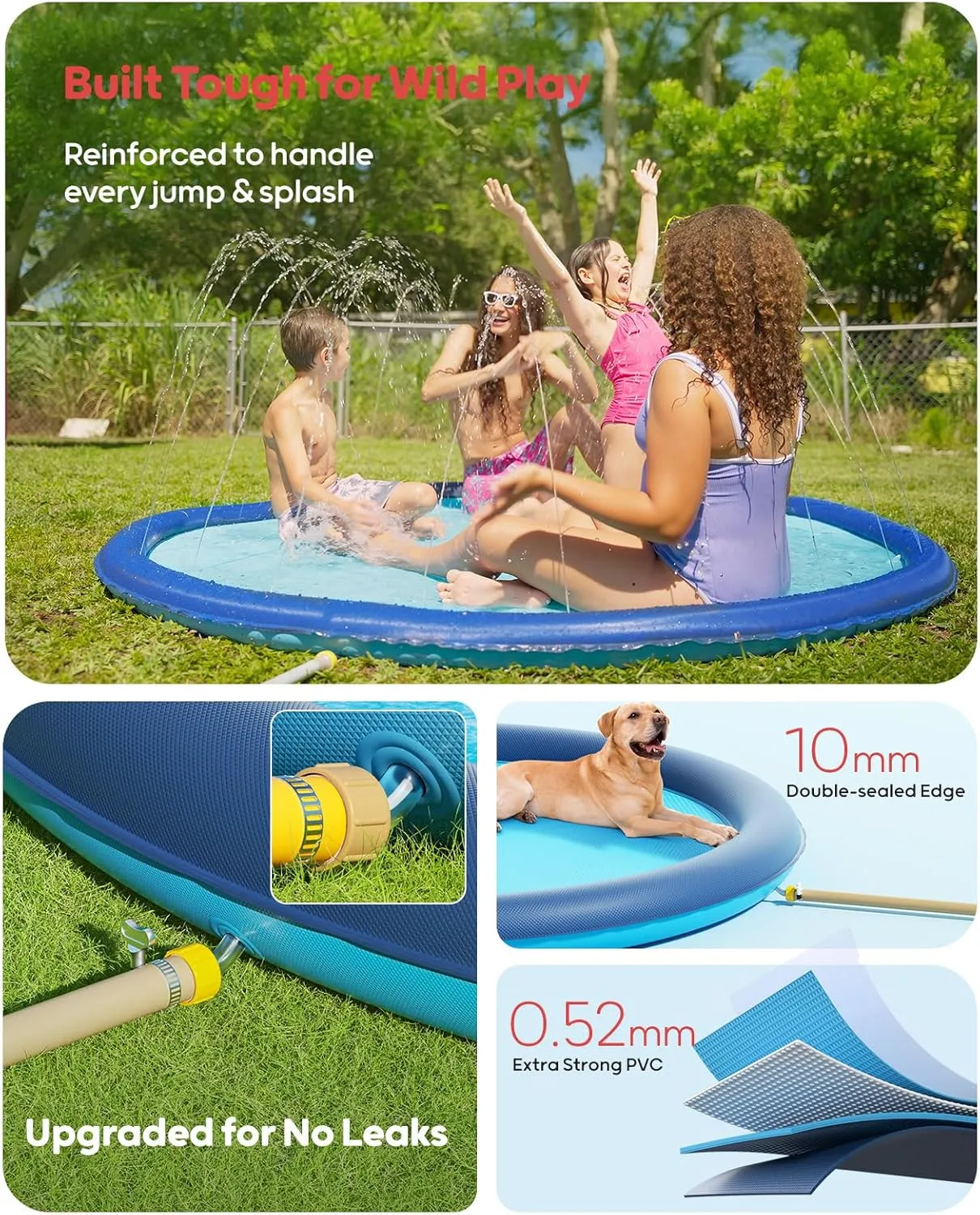QPAU Splash Pad with Flying Disc for Dogs & Kids – 67" Extra-Thick 0.52mm Non-Slip Sprinkler Pool, Leakproof Water Play Mat for Toddlers, Babies, Pets, Outdoor Summer Toy