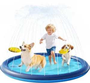 QPAU Splash Pad with Flying Disc for Dogs & Kids – 67" Extra-Thick 0.52mm Non-Slip Sprinkler Pool, Leakproof Water Play Mat for Toddlers, Babies, Pets, Outdoor Summer Toy