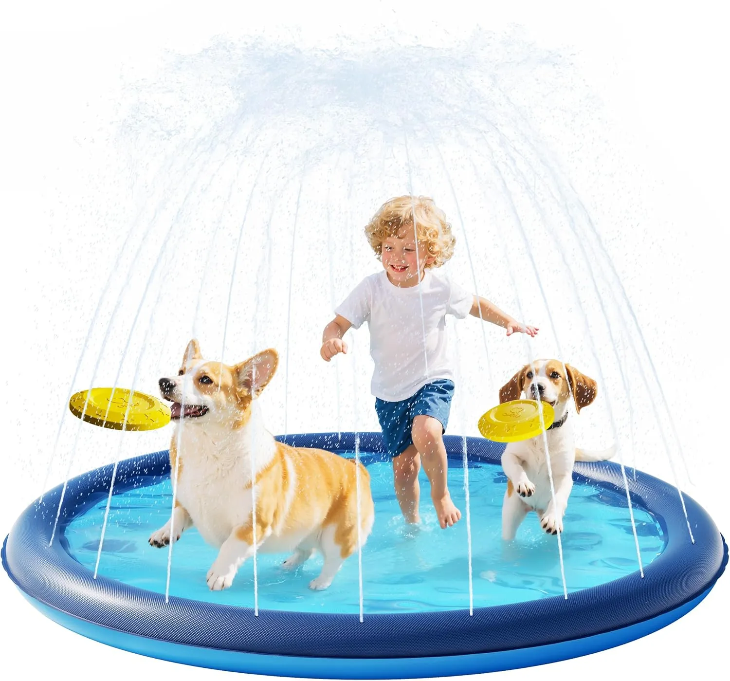QPAU Splash Pad with Flying Disc for Dogs & Kids – 67" Extra-Thick 0.52mm Non-Slip Sprinkler Pool, Leakproof Water Play Mat for Toddlers, Babies, Pets, Outdoor Summer Toy