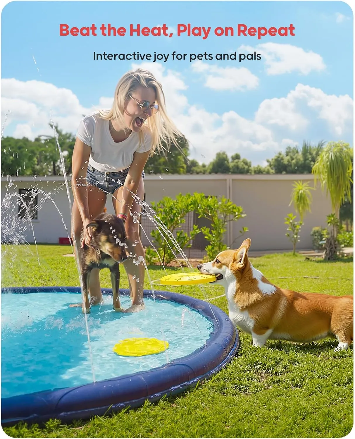 QPAU Splash Pad with Flying Disc for Dogs & Kids – 67" Extra-Thick 0.52mm Non-Slip Sprinkler Pool, Leakproof Water Play Mat for Toddlers, Babies, Pets, Outdoor Summer Toy