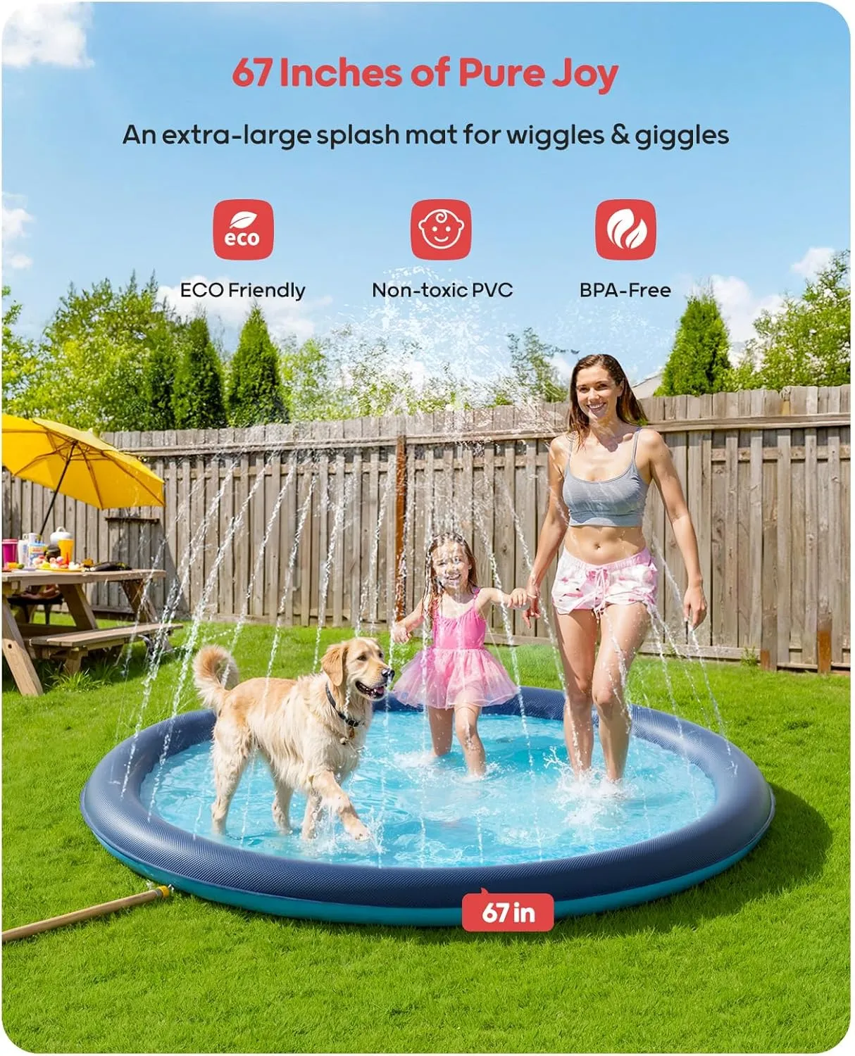 QPAU Splash Pad with Flying Disc for Dogs & Kids – 67" Extra-Thick 0.52mm Non-Slip Sprinkler Pool, Leakproof Water Play Mat for Toddlers, Babies, Pets, Outdoor Summer Toy