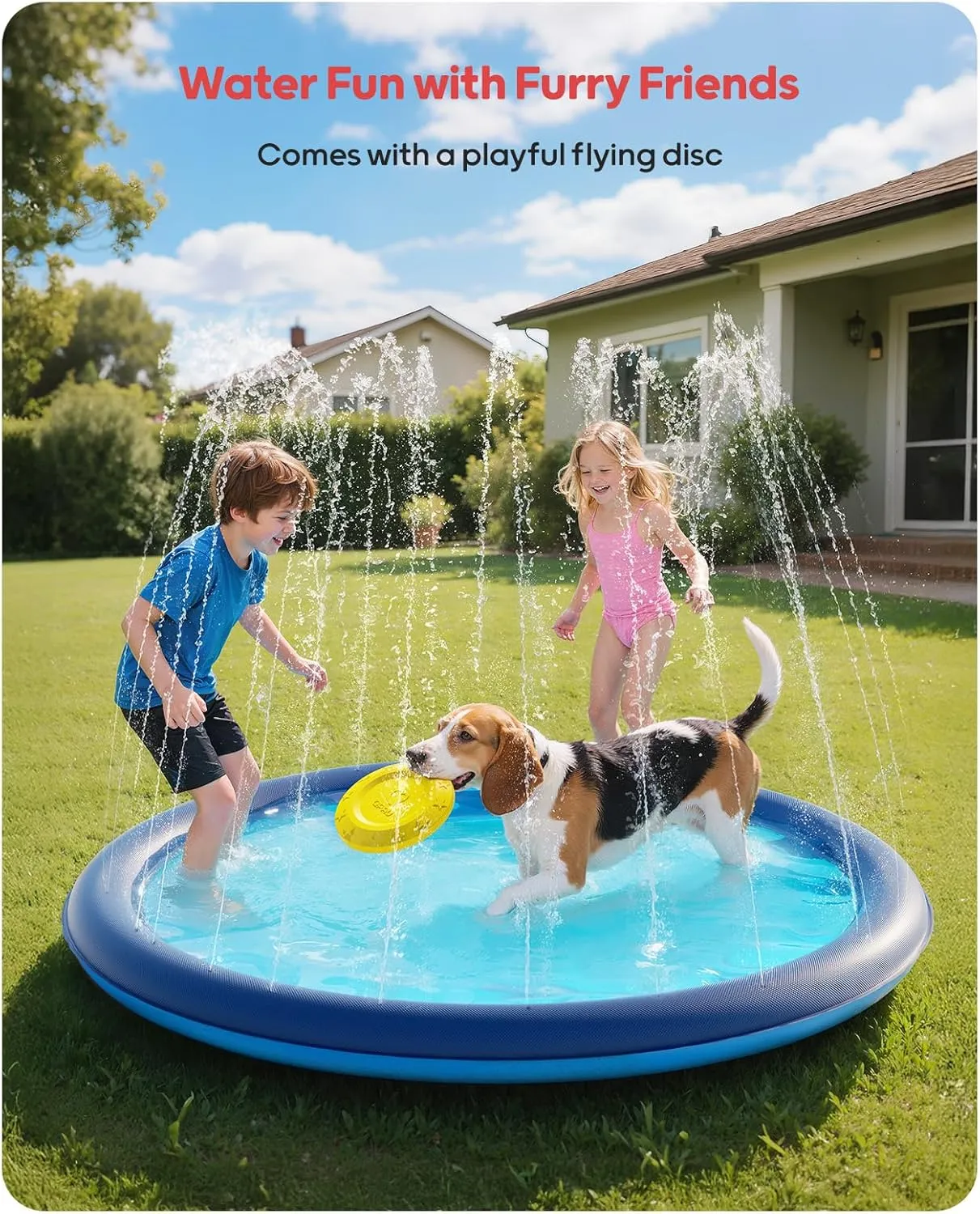 QPAU Splash Pad with Flying Disc for Dogs & Kids – 67" Extra-Thick 0.52mm Non-Slip Sprinkler Pool, Leakproof Water Play Mat for Toddlers, Babies, Pets, Outdoor Summer Toy