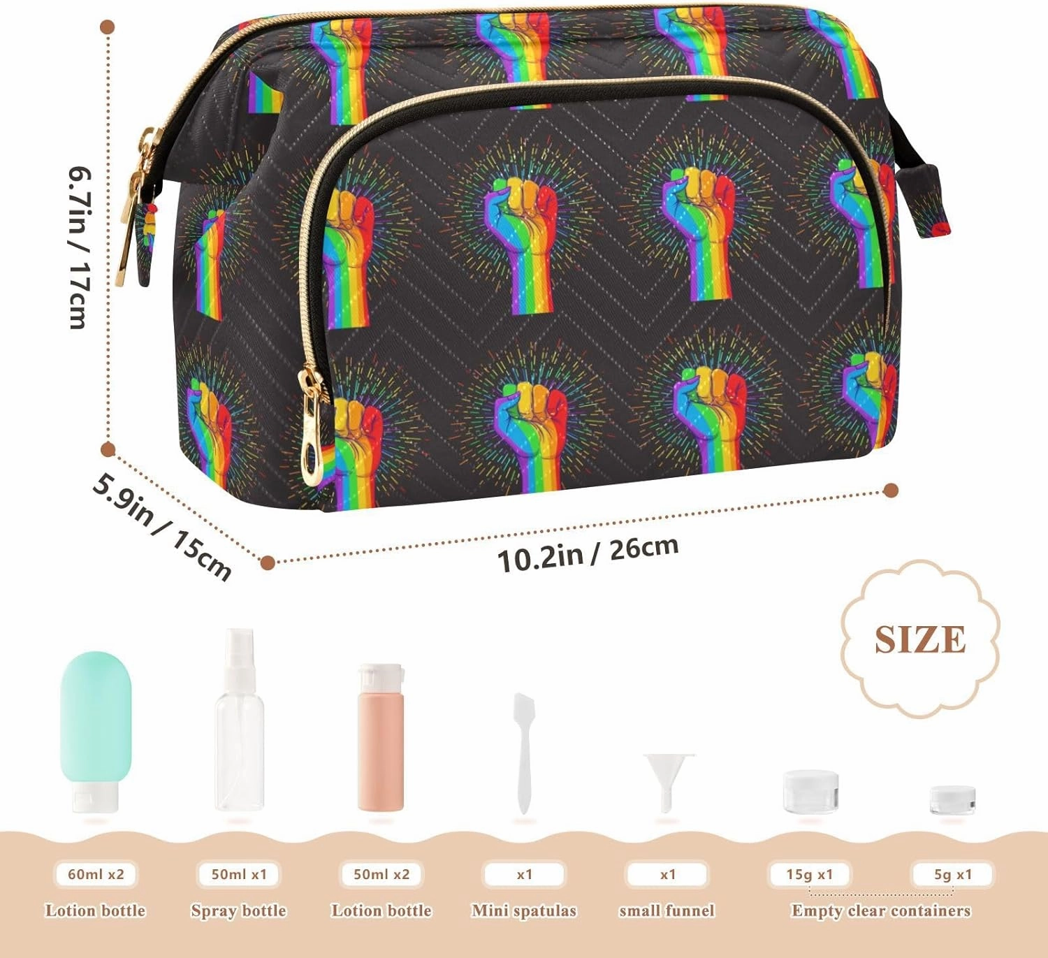 Rainbow Fist Raised on Black Style Women Cosmetic Bag Makeup Bag Stylish Trip Beauty Bag Travel Toiletry Bag with Bottle Organizer 10.2 x 5.9 x 6.7 inch