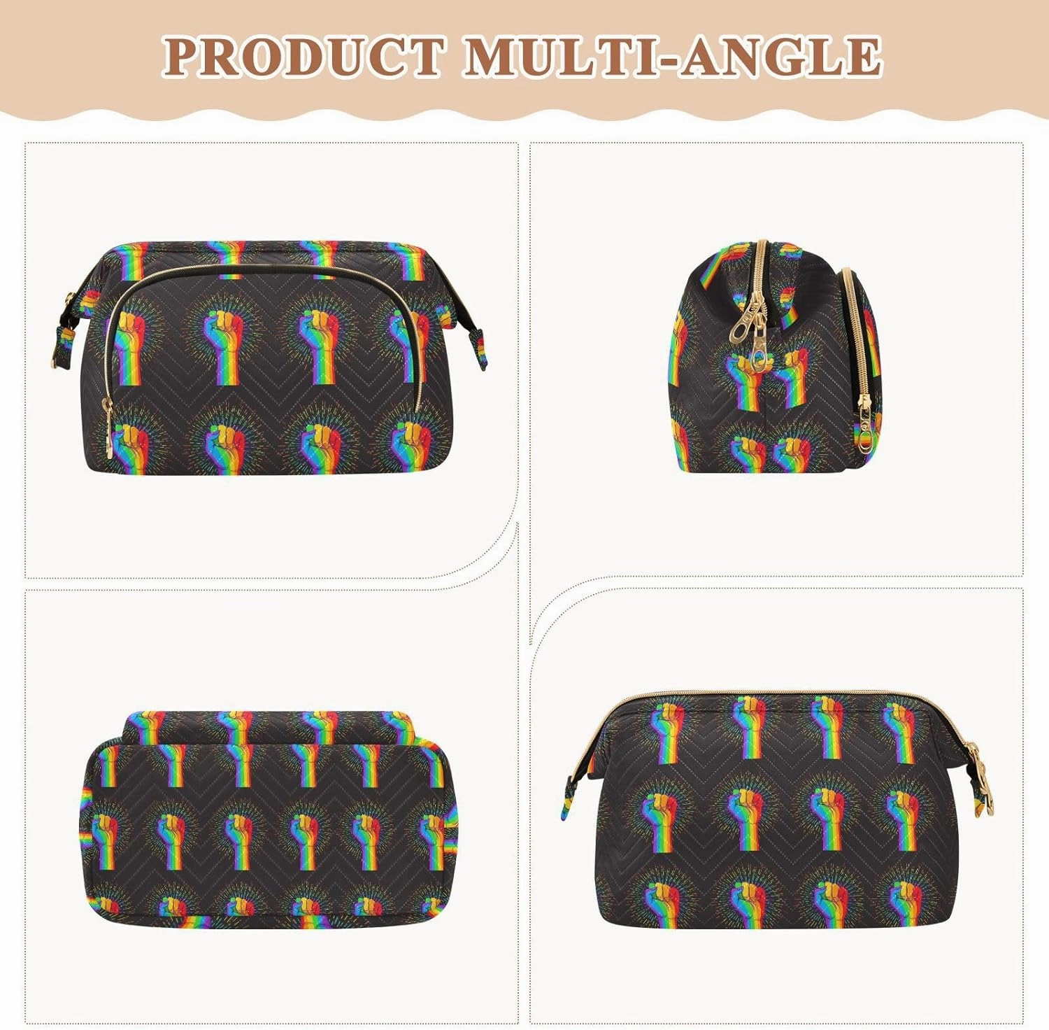 Rainbow Fist Raised on Black Style Women Cosmetic Bag Makeup Bag Stylish Trip Beauty Bag Travel Toiletry Bag with Bottle Organizer 10.2 x 5.9 x 6.7 inch
