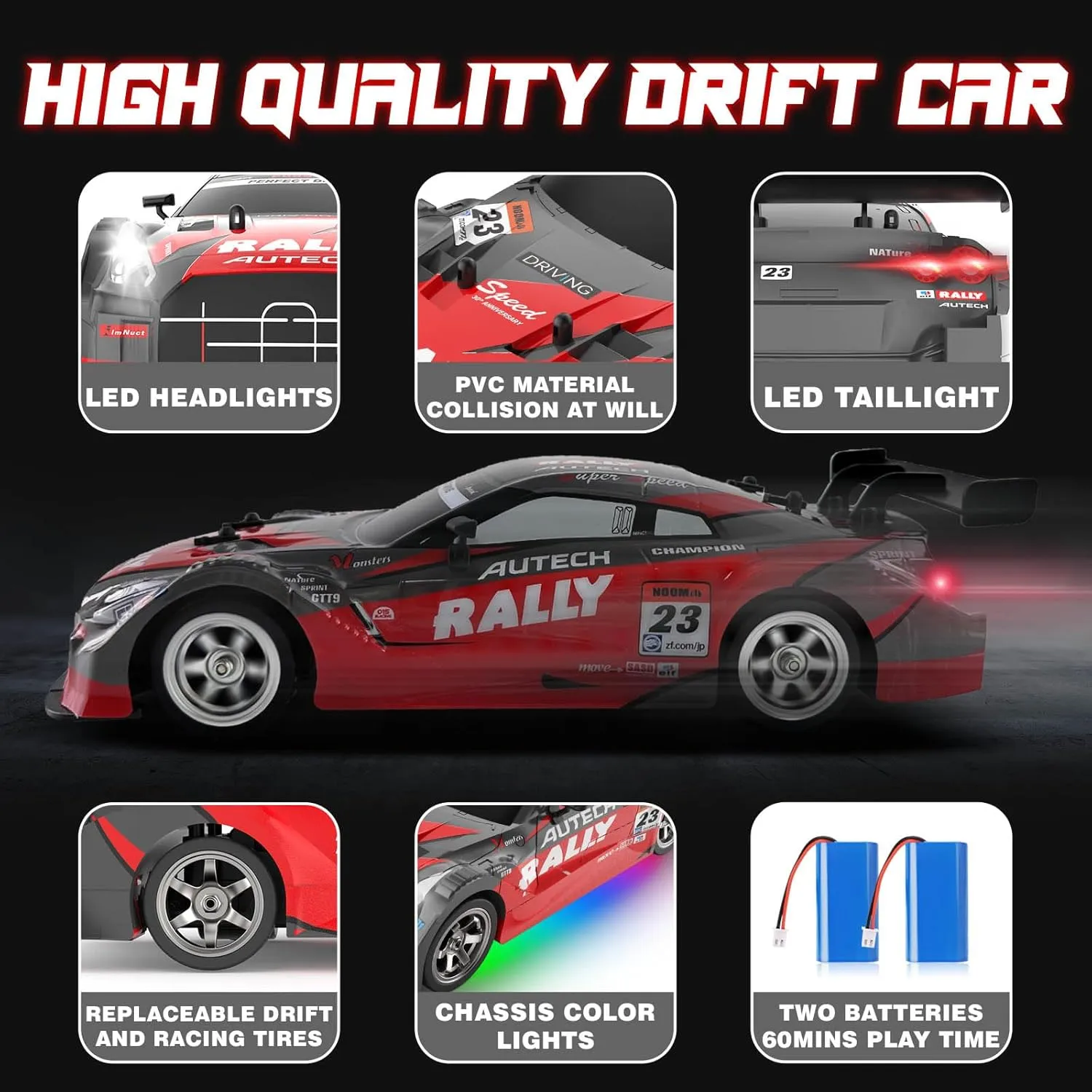 RC Drift Car 1:16, 2.4GHz 4WD Drifting RC Cars 30 KM/H High Speed Remote Control Car with LED Lights Two Batteries and Drift Tires, Race car for Adults Boys Kids, Red