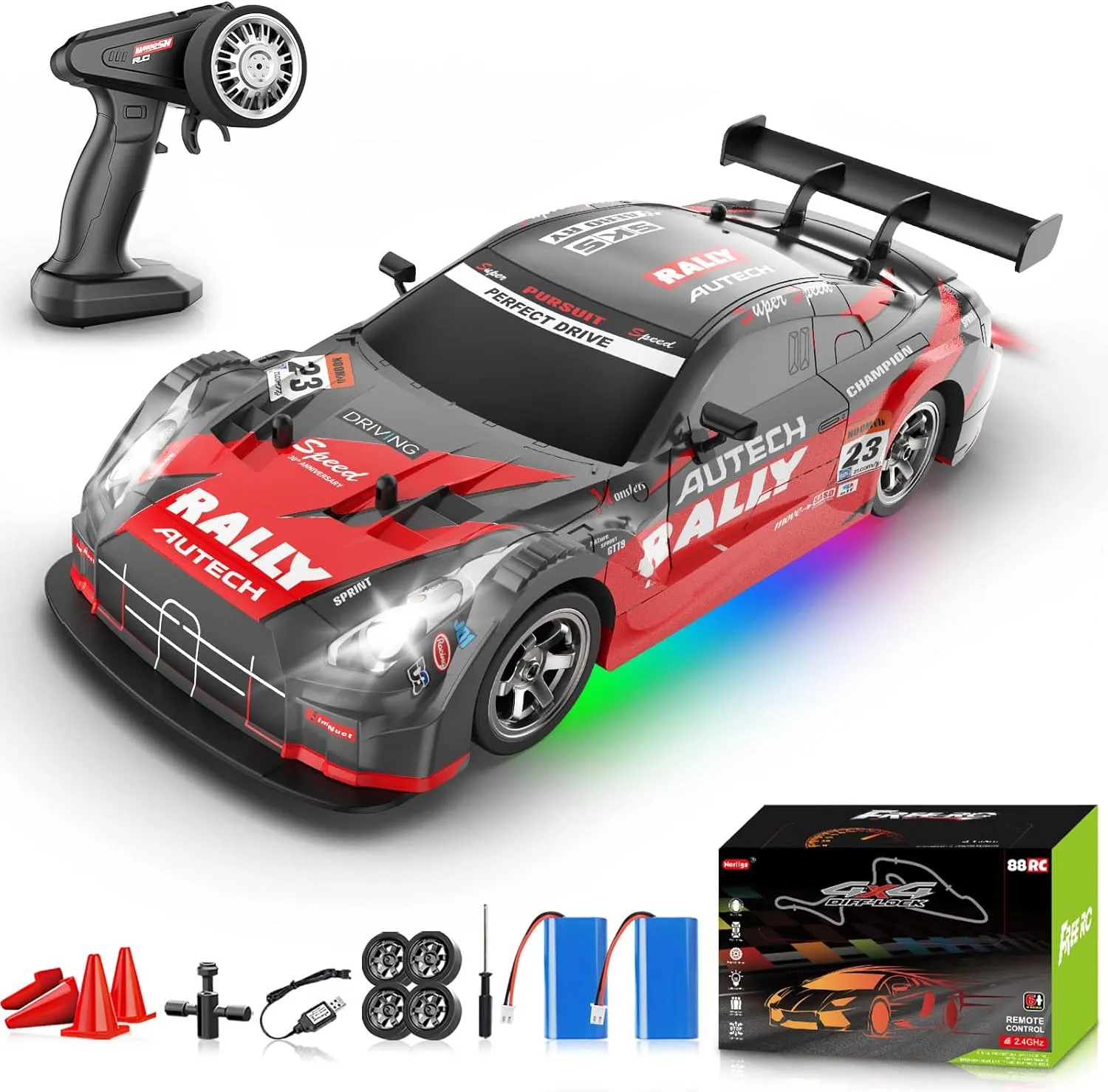 RC Drift Car 1:16, 2.4GHz 4WD Drifting RC Cars 30 KM/H High Speed Remote Control Car with LED Lights Two Batteries and Drift Tires, Race car for Adults Boys Kids, Red