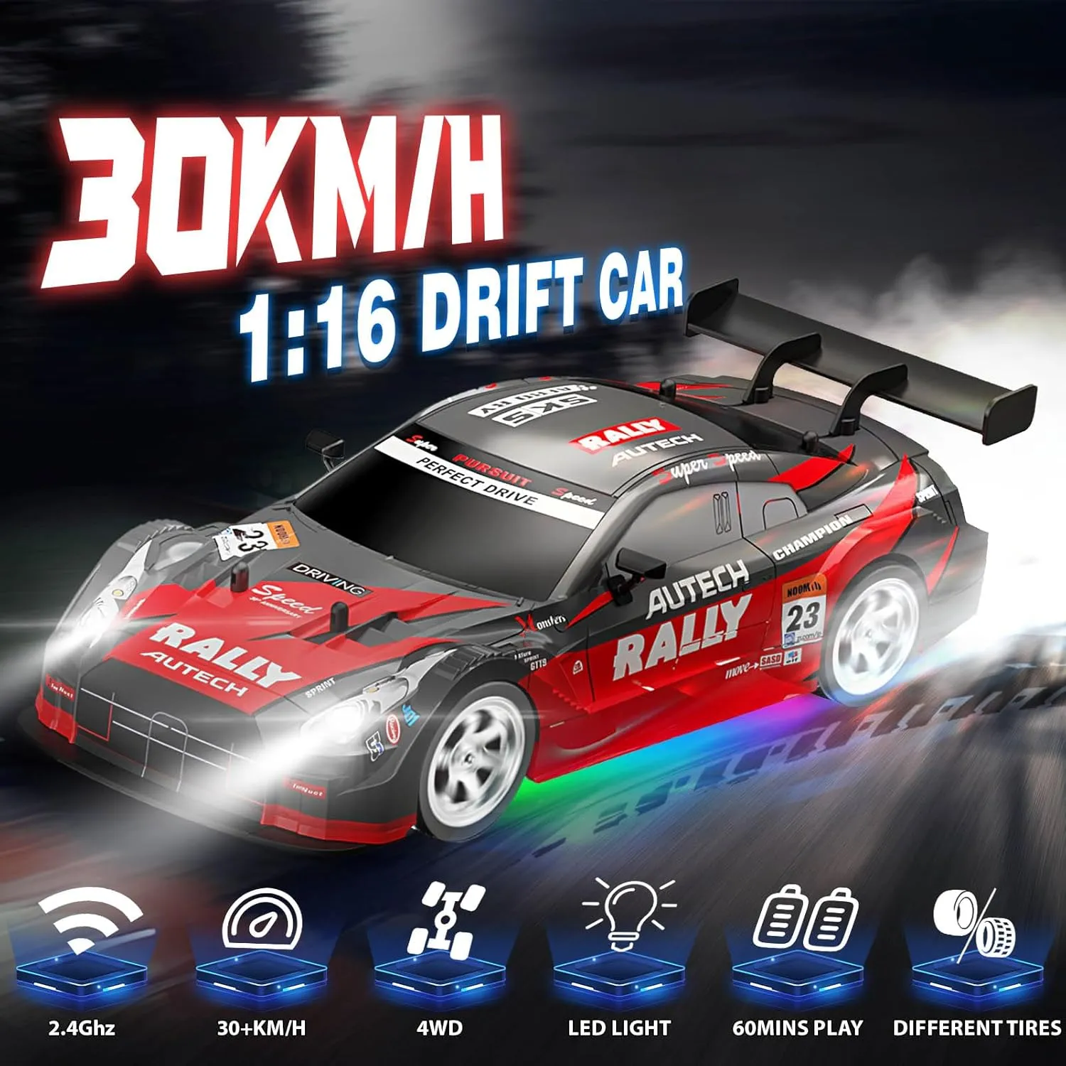 RC Drift Car 1:16, 2.4GHz 4WD Drifting RC Cars 30 KM/H High Speed Remote Control Car with LED Lights Two Batteries and Drift Tires, Race car for Adults Boys Kids, Red