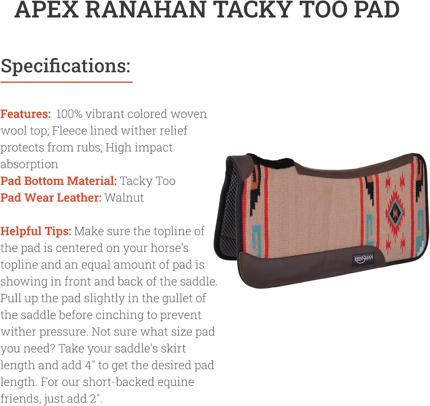 Reinsman APEX Ranahan Tacky Too Soft Breathable Non-Slip Shock-Absorbing Fleece-Lined Moisture-Wicking Contoured Back Protection Horse Riding Saddle Pad