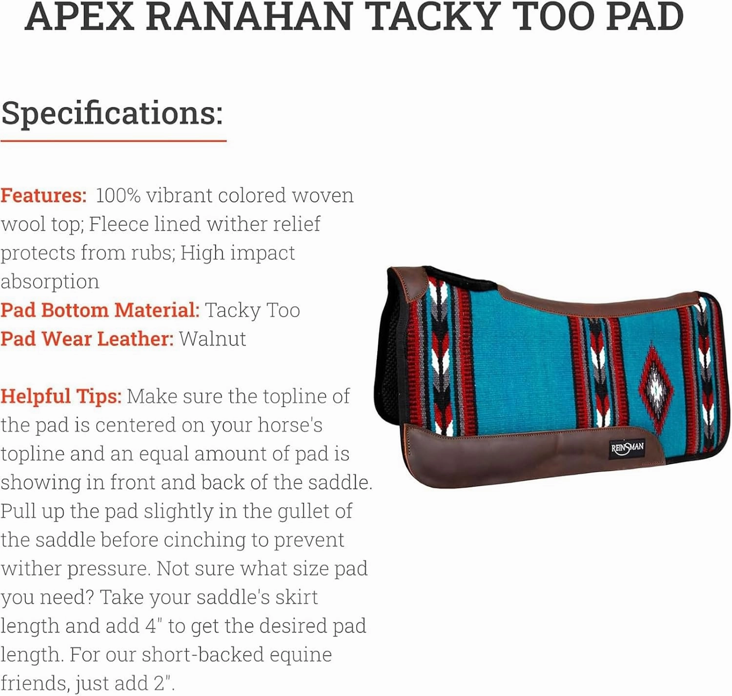 Reinsman APEX Ranahan Tacky Too Soft Breathable Non-Slip Shock-Absorbing Fleece-Lined Moisture-Wicking Contoured Back Protection Horse Riding Saddle Pad