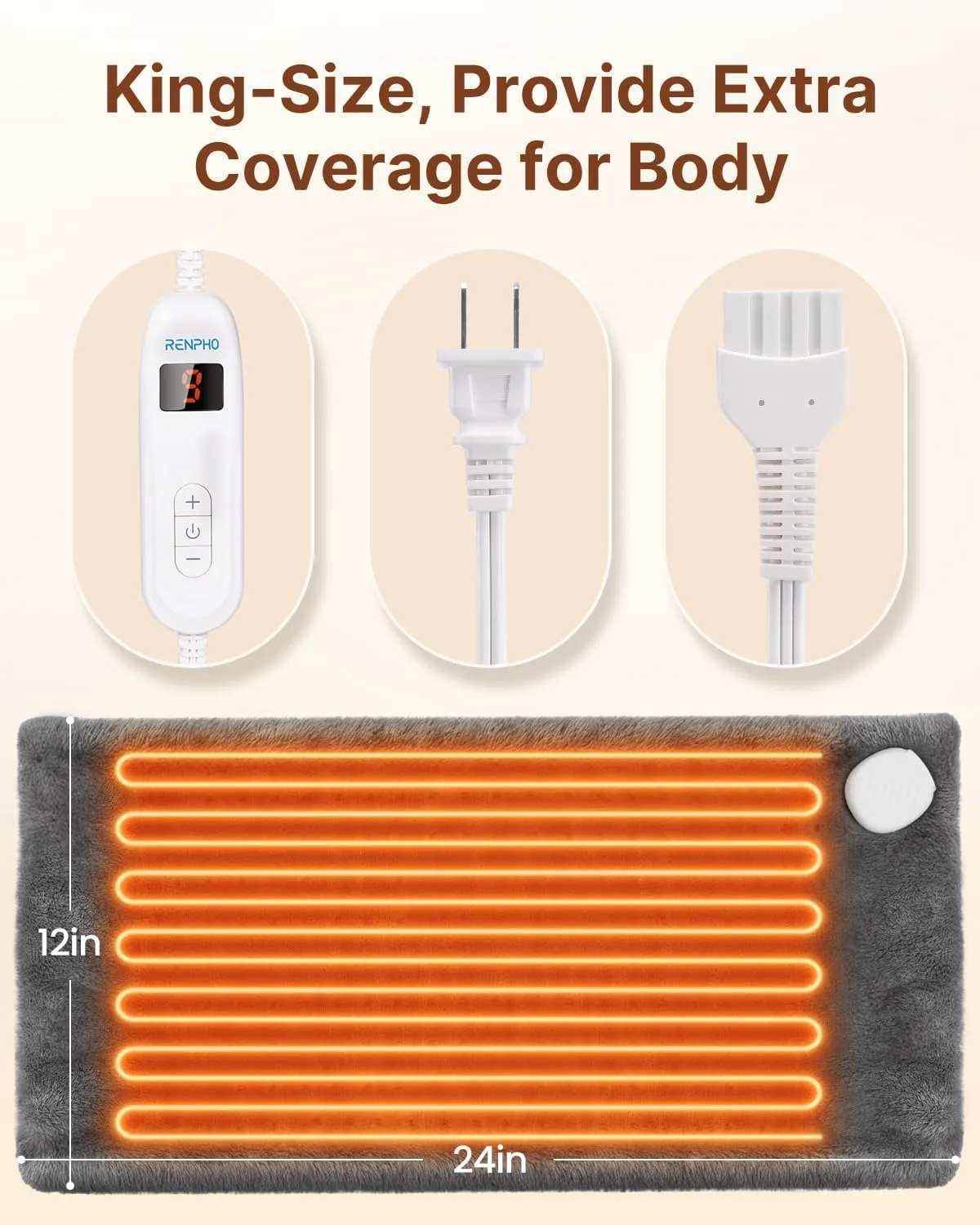 RENPHO Heating Pad for Back Pain & Period Cramps, FSA HSA Eligible, Fathers Day Dad Gifts, 12" x24‘’ Electric Heat Pad for Neck and Shoulder, Birthday Gifts for Women Men, ETL Certified (Gray)