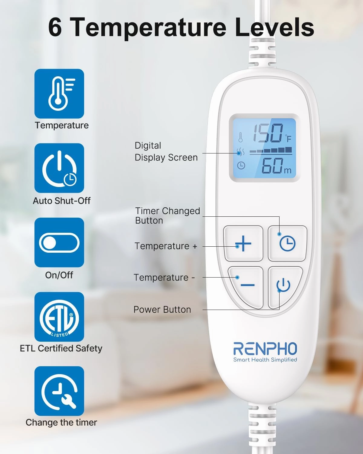 RENPHO Mothers Day Gifts for Mom, Heating Pad for Neck and Shoulders and Back Pain Relie, Birthday Gifts for Women Men, FSA HSA Eligible, 24"x33" Electric Heat Pad, Auto Shut Off, ETL Certified, Blue