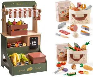 ROBOTIME Wooden Grocery Store Playset with Play Food Cutting Set, Pretend Play Toy Food for Play Kitchen with Shopping Bag, Wooden Food Toys for Boys & Girls (Meat & Vegetable)