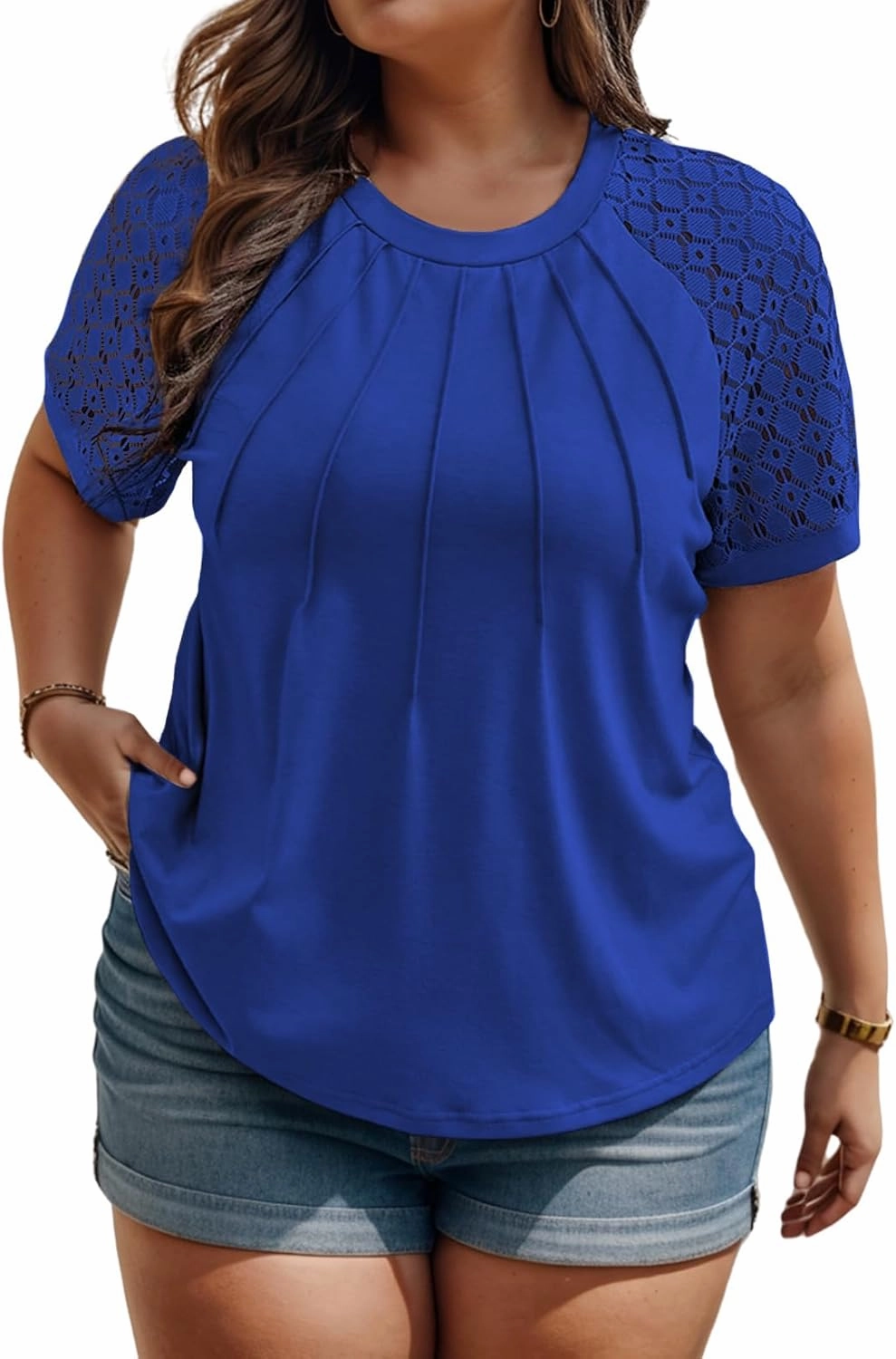 ROSRISS Plus-Size Tops for Women Summer Reglan Shirts Lace Short Sleeve Tunics XL-5XL