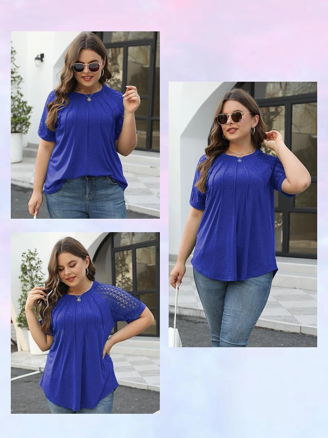 ROSRISS Plus-Size Tops for Women Summer Reglan Shirts Lace Short Sleeve Tunics XL-5XL